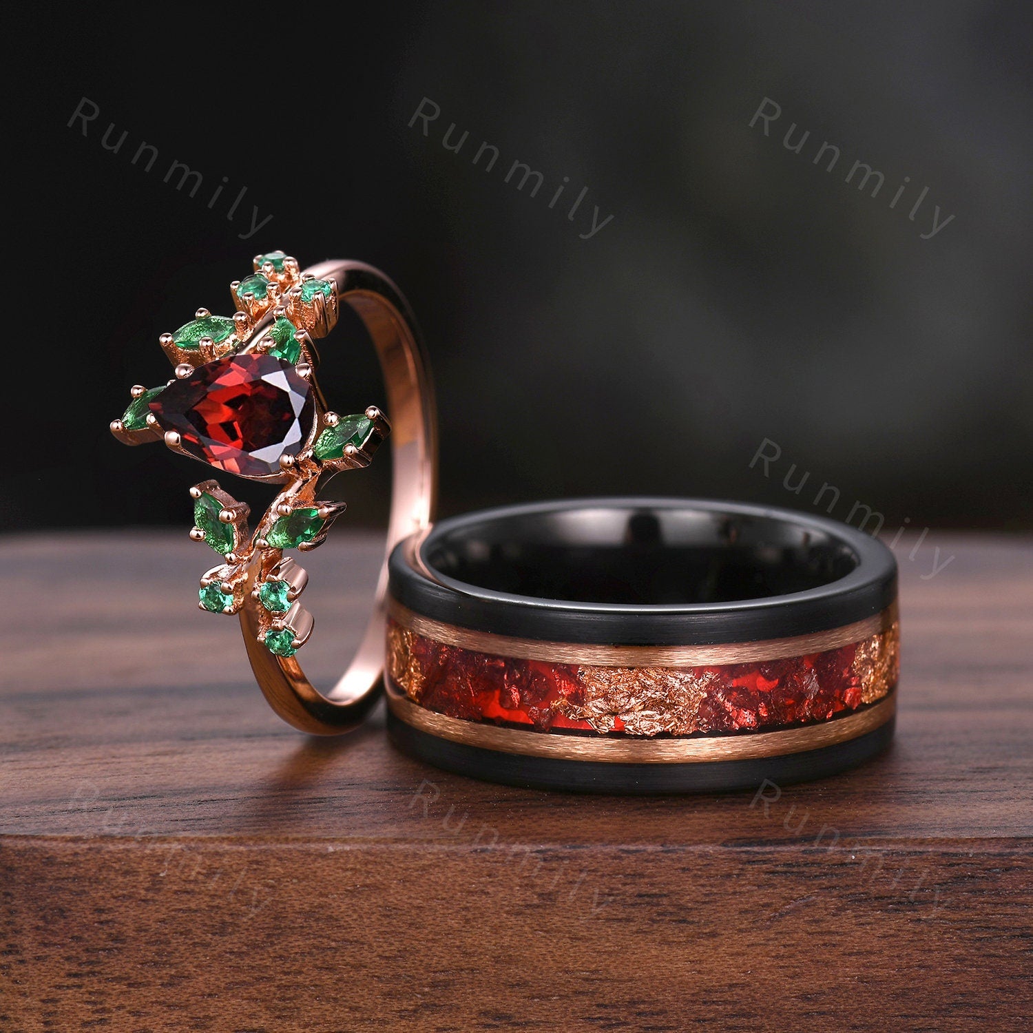 Vintage Floral Garnet Couples Ring Rose Gold Matching Ring Set His and Hers Wedding Band Mens Ruby Tungsten Ring Promise Anniversary Gifts