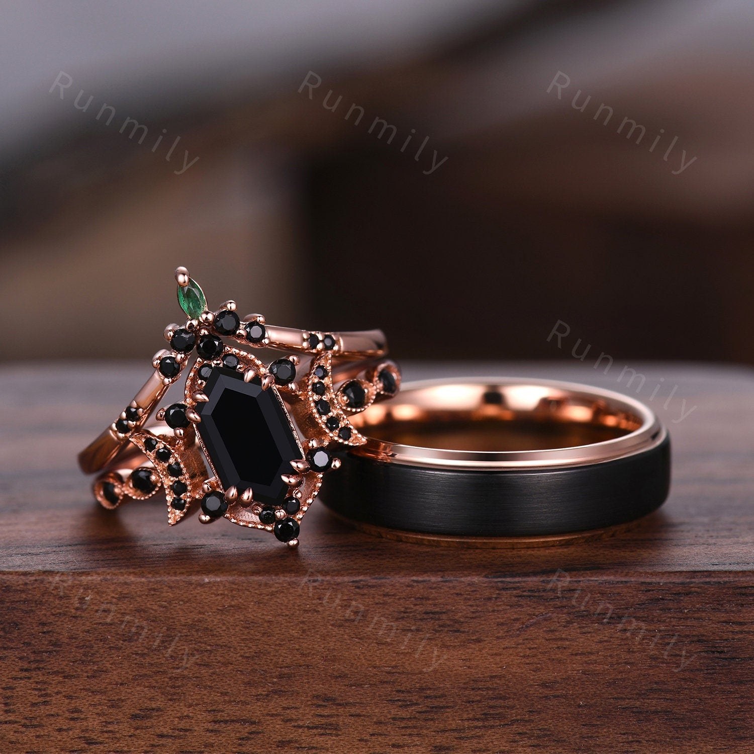 Retro Hexagon Cut Black Onyx Couples Ring Rose Gold Matching Ring Set His And Hers Wedding Band Promise Ring For Men For Women Black Gems