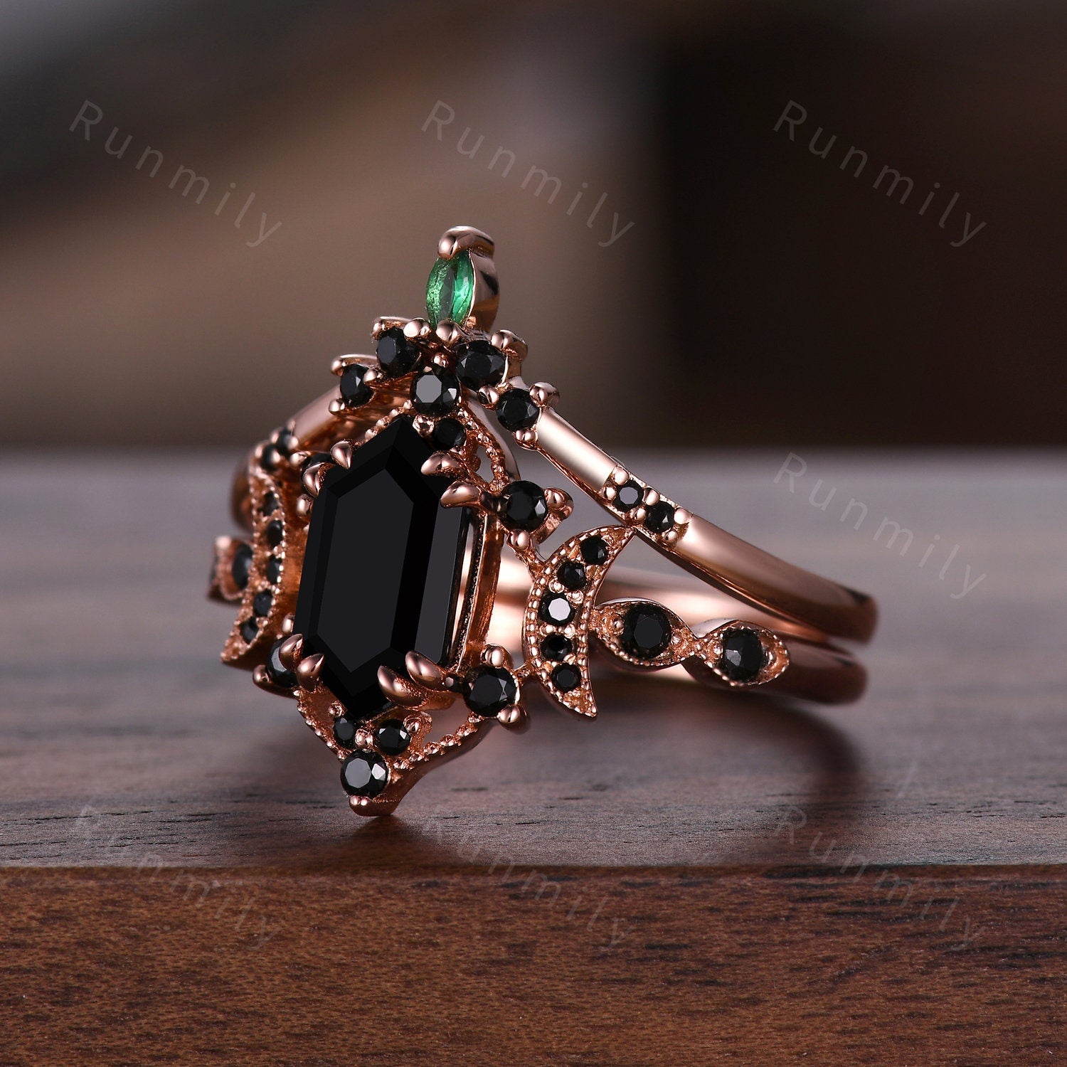 Retro Hexagon Cut Black Onyx Couples Ring Rose Gold Matching Ring Set His And Hers Wedding Band Promise Ring For Men For Women Black Gems