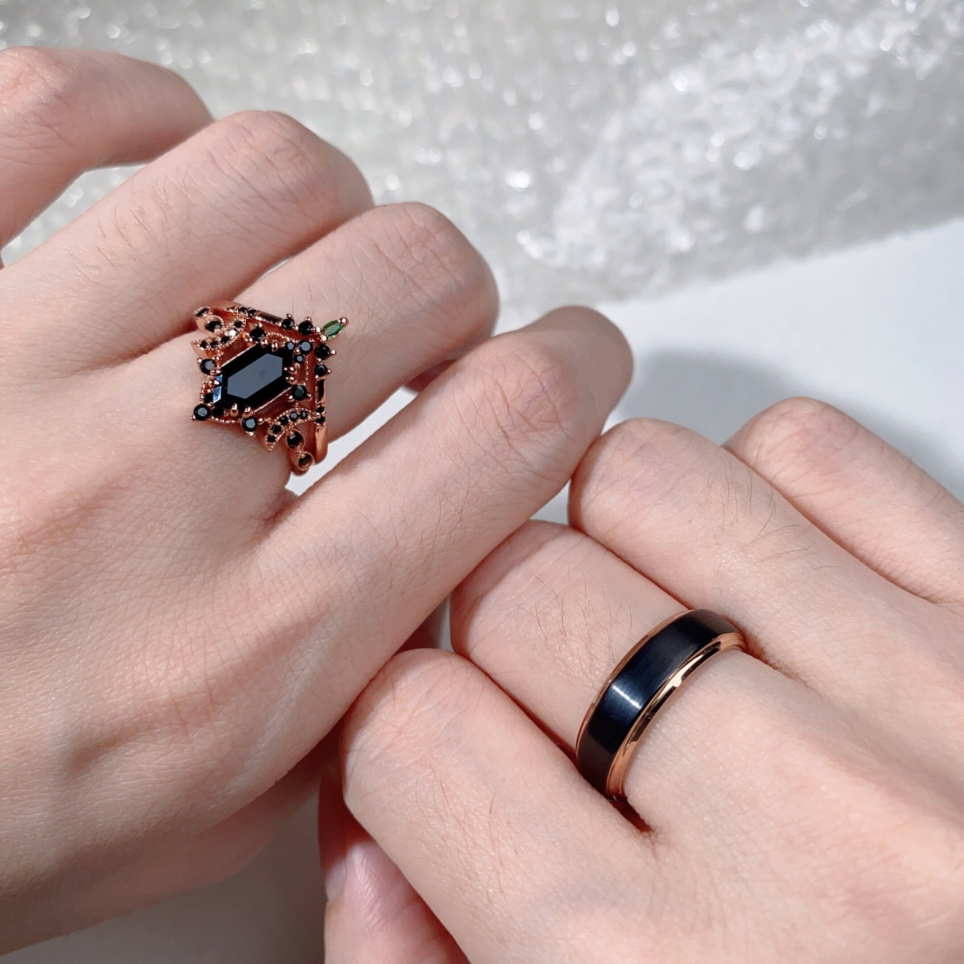 Retro Hexagon Cut Black Onyx Couples Ring Rose Gold Matching Ring Set His And Hers Wedding Band Promise Ring For Men For Women Black Gems