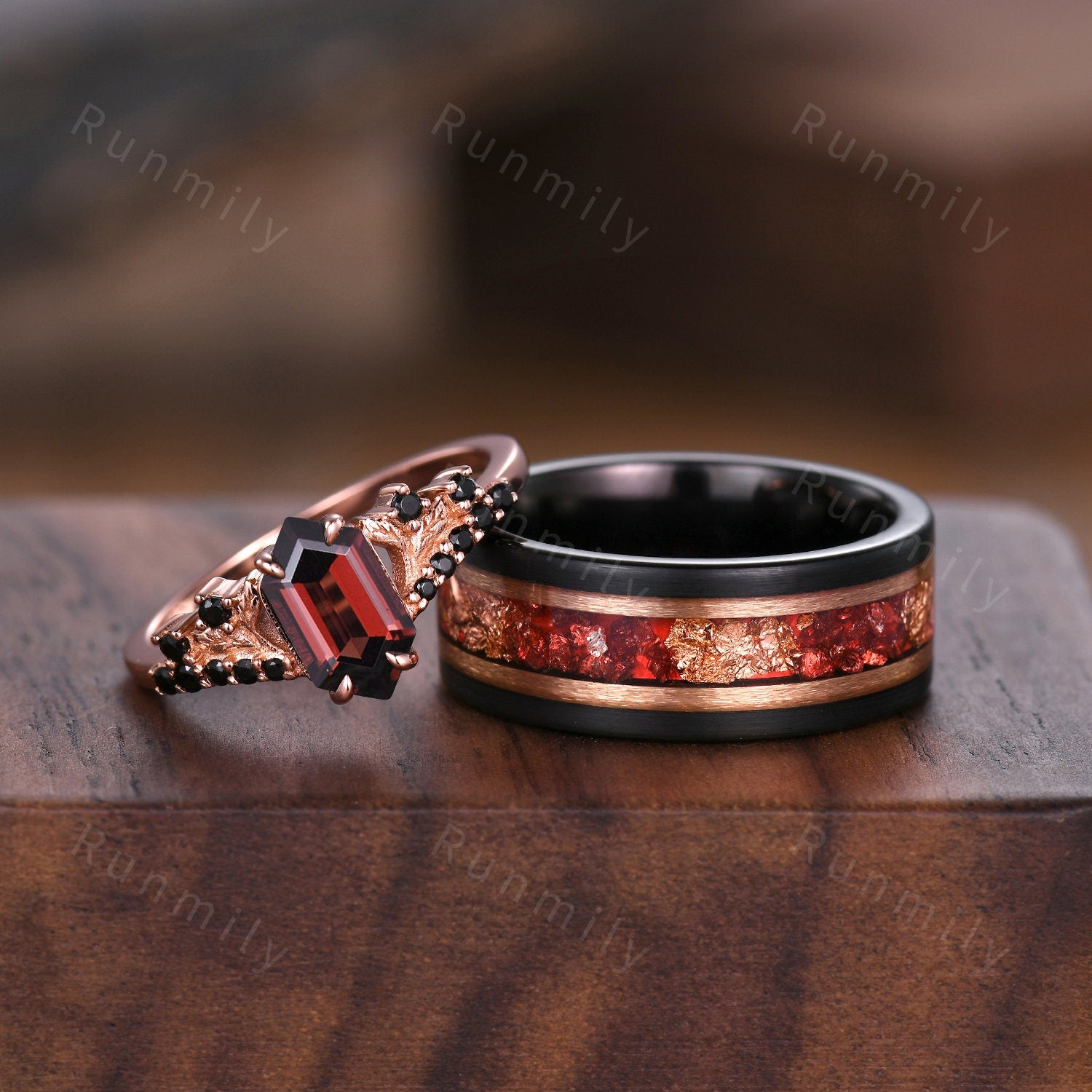 Vintage garnet couples ring set rose gold matching promise ring His and Hers wedding band Mens ruby tungsten ring anniversary ring gifts