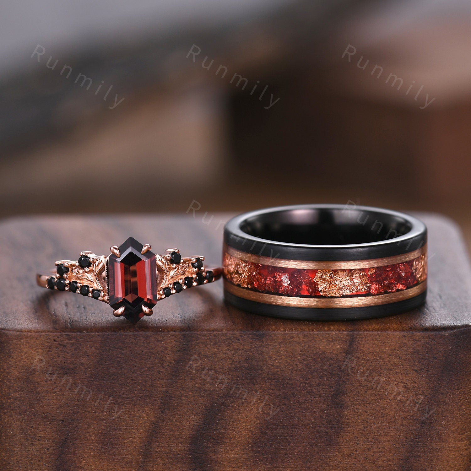 Vintage garnet couples ring set rose gold matching promise ring His and Hers wedding band Mens ruby tungsten ring anniversary ring gifts