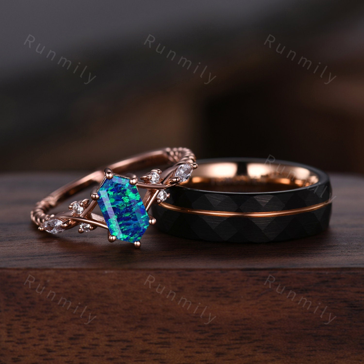 Vintage Blue Opal Couples Ring Rose Gold Matching Ring Set His and Hers Wedding Band Promise Ring For Men For Women Blue Fire Opal Ring