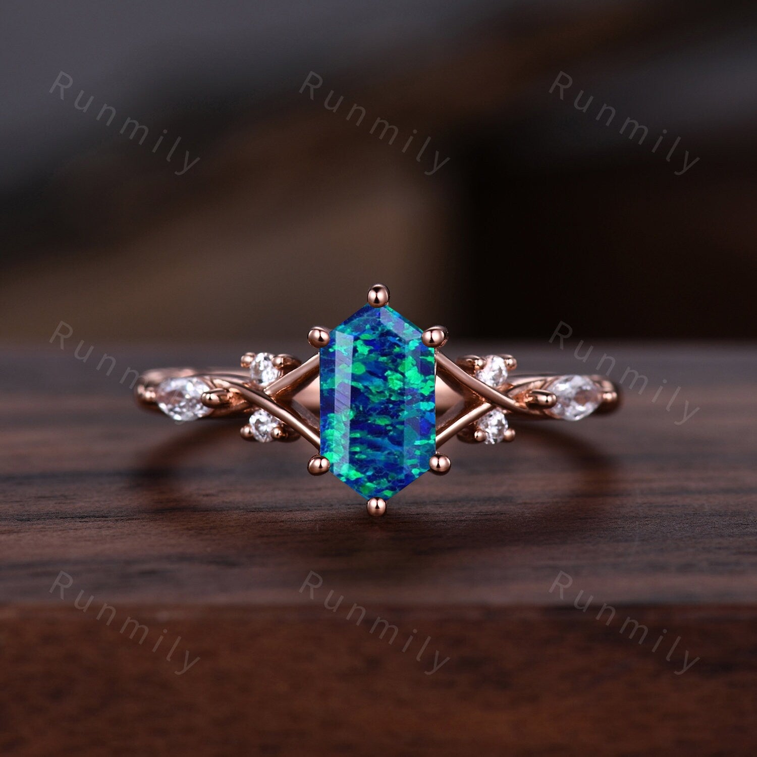 Vintage Blue Opal Couples Ring Rose Gold Matching Ring Set His and Hers Wedding Band Promise Ring For Men For Women Blue Fire Opal Ring