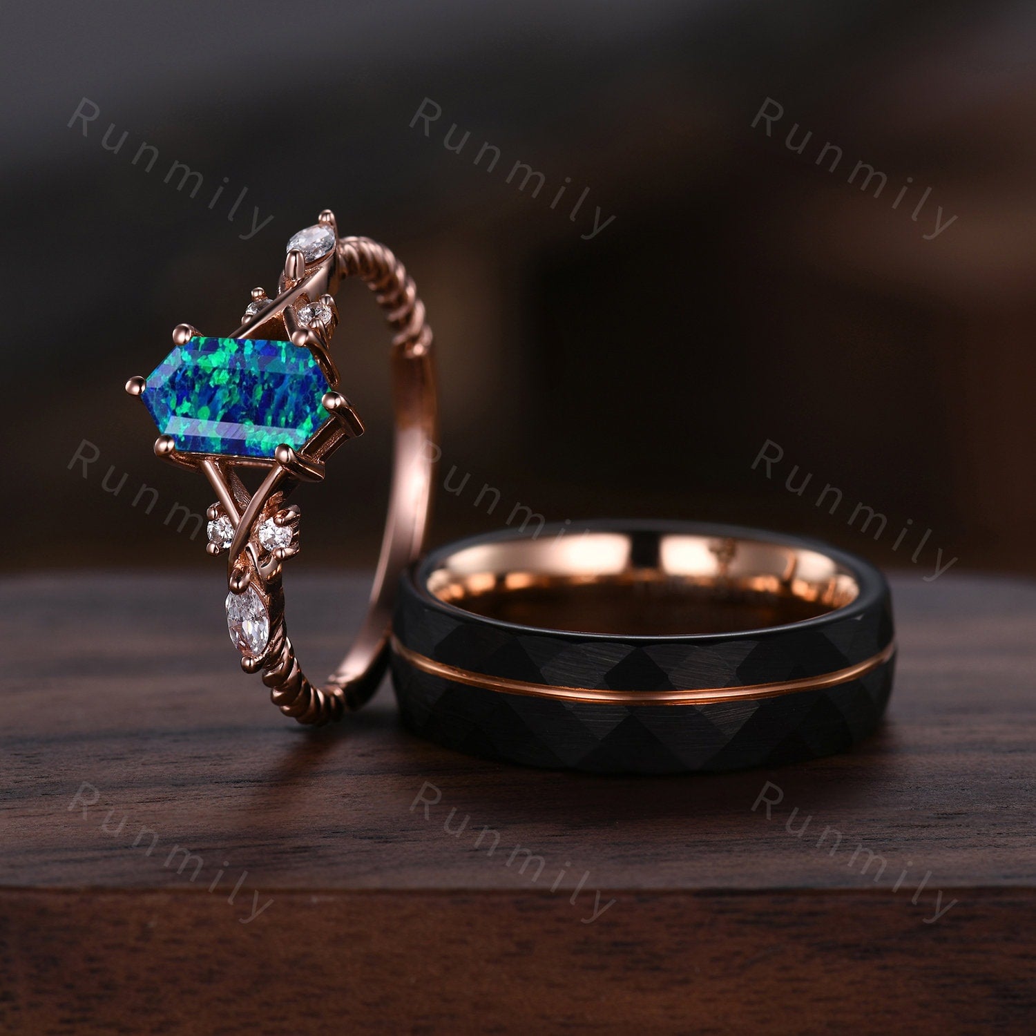 Vintage Blue Opal Couples Ring Rose Gold Matching Ring Set His and Hers Wedding Band Promise Ring For Men For Women Blue Fire Opal Ring