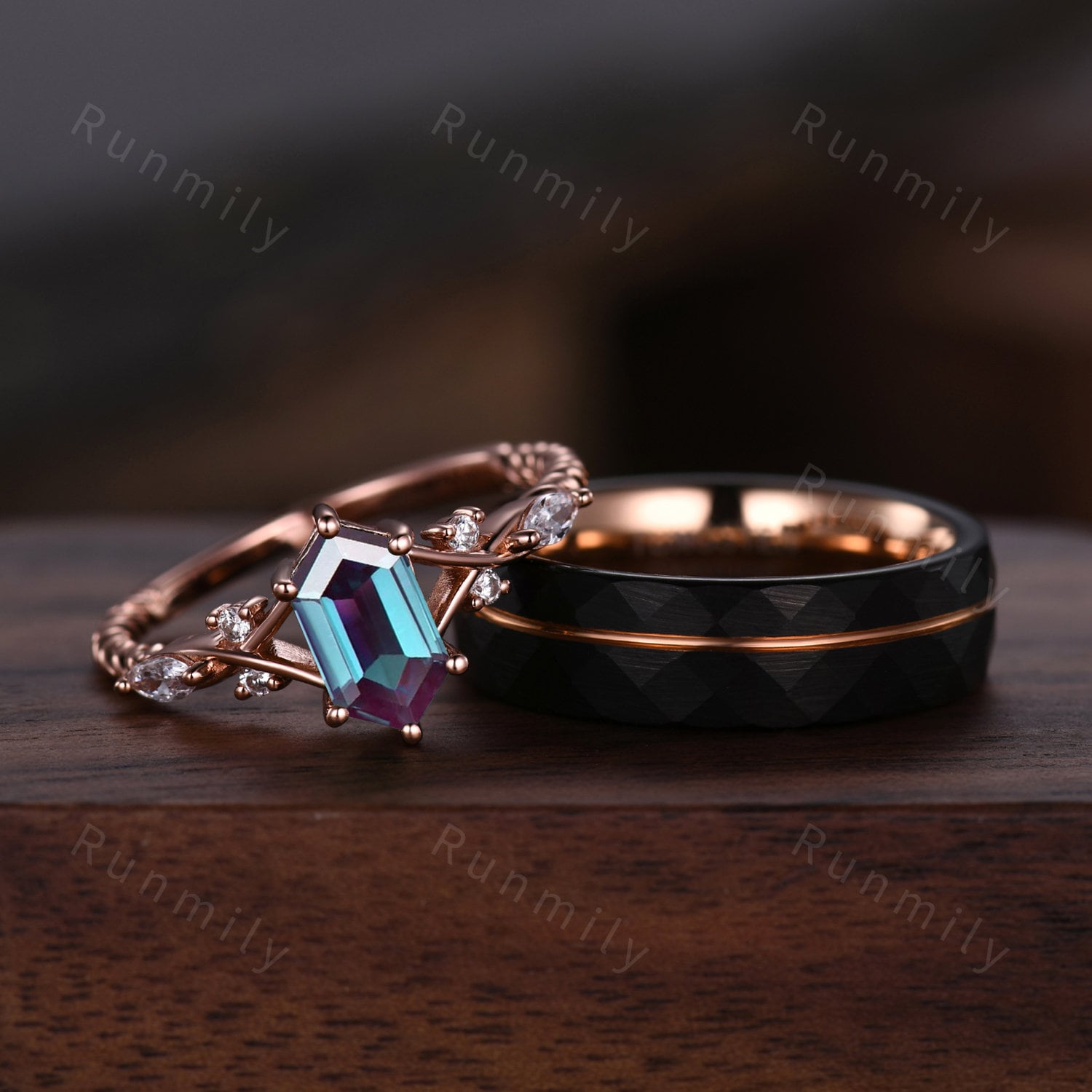 Vintage Alexandrite Couples Ring Rose Gold Matching Ring Set His and Hers Wedding Band Promise Ring For Men For Women June Birthstone Ring