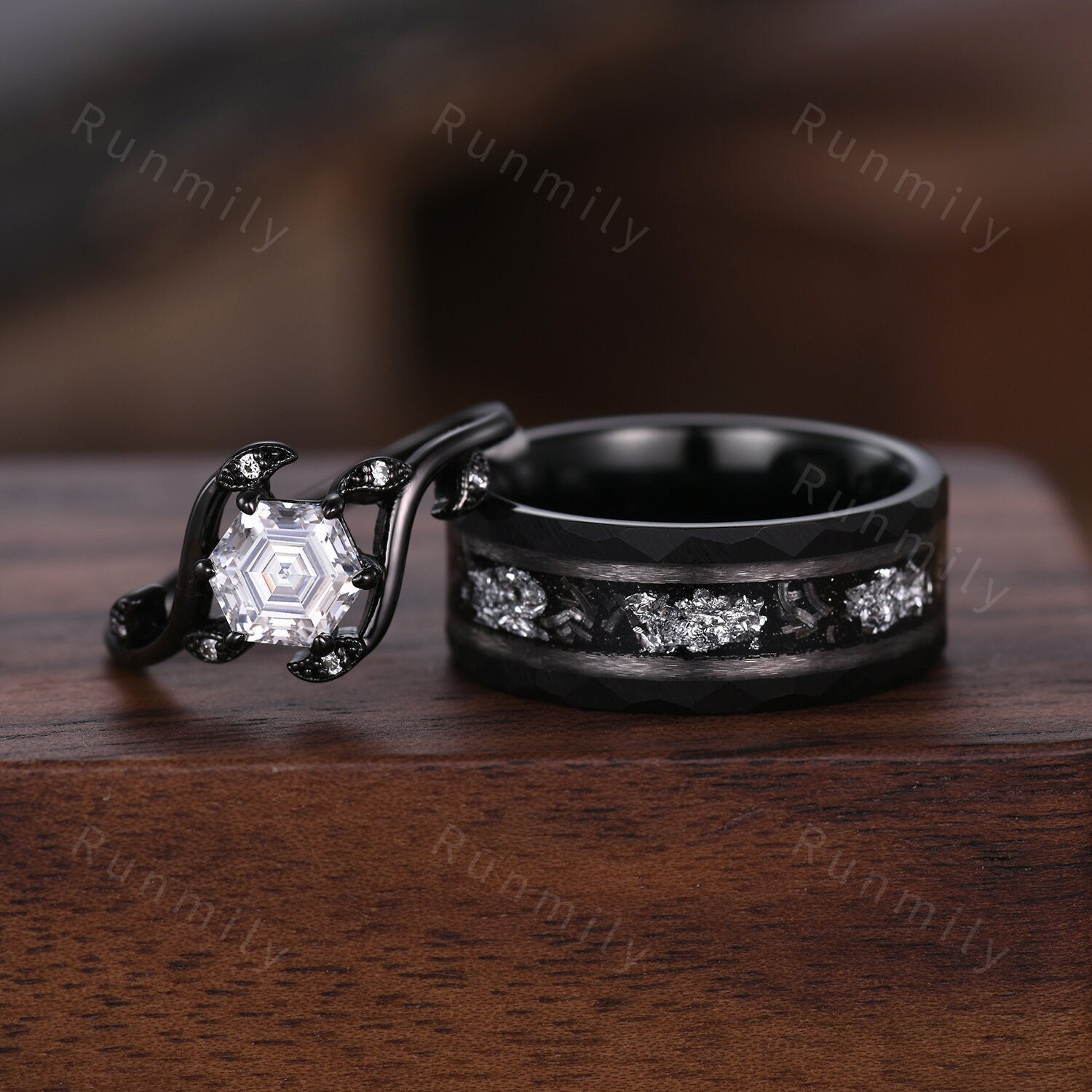 Hexagon cut Diamond Couples Ring Black Gold Matching Ring Set His and Hers Wedding Band Promise Ring For Men For Women Nature Inspired Ring