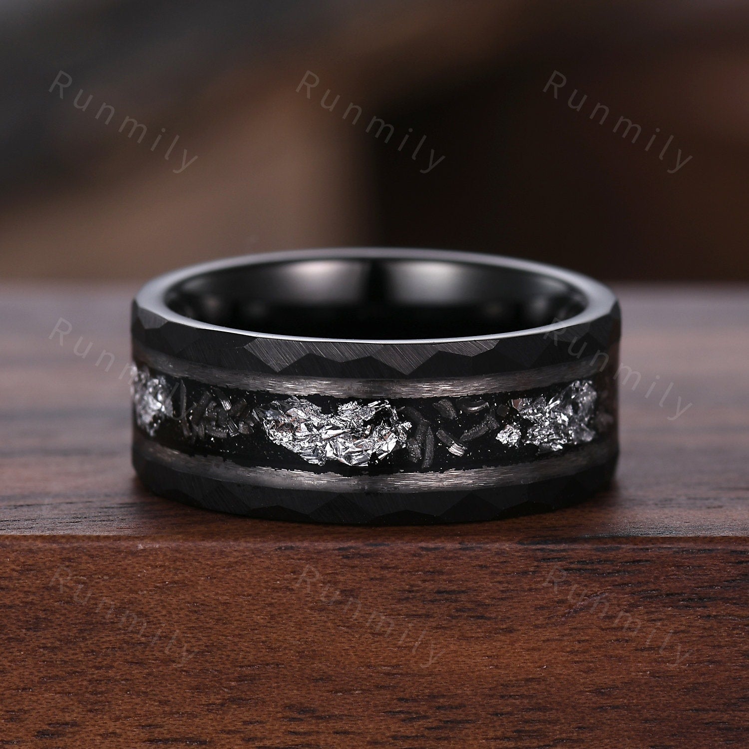 Round cut Black Onyx Couples Ring Set Silver Unique Moon Engagement Ring Mens Meteorite Tungsten Ring His and Hers Wedding Band Promise Ring