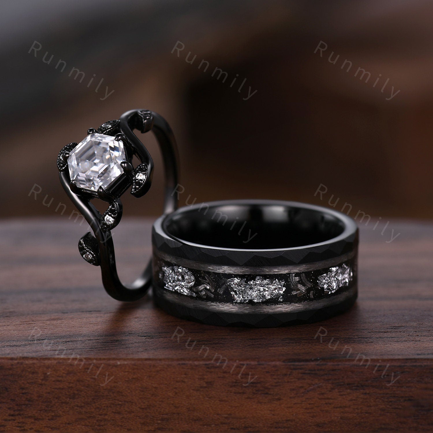 Hexagon cut Diamond Couples Ring Black Gold Matching Ring Set His and Hers Wedding Band Promise Ring For Men For Women Nature Inspired Ring