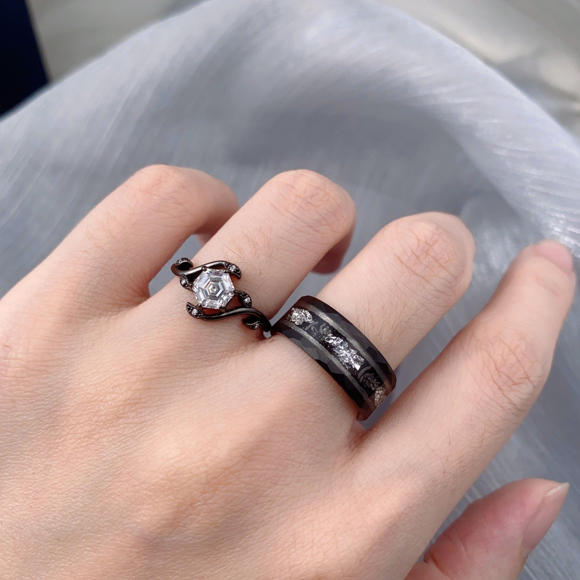 Hexagon cut Diamond Couples Ring Black Gold Matching Ring Set His and Hers Wedding Band Promise Ring For Men For Women Nature Inspired Ring