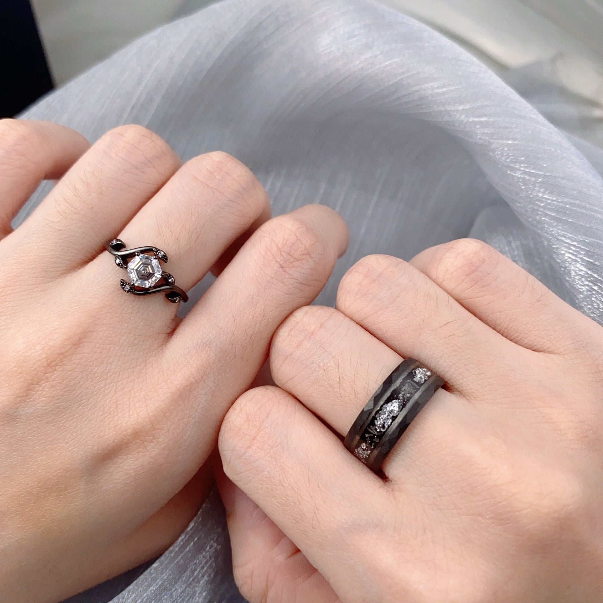 Hexagon cut Diamond Couples Ring Black Gold Matching Ring Set His and Hers Wedding Band Promise Ring For Men For Women Nature Inspired Ring