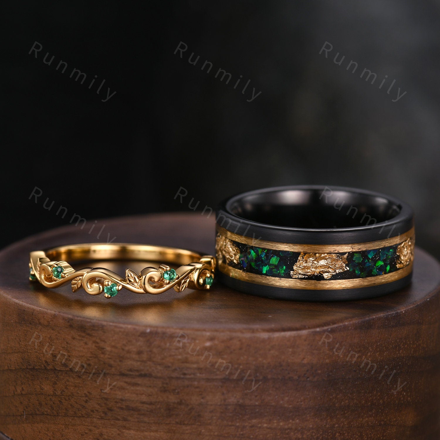 Vintage Emerald Couples Band Yellow Gold Matching Ring Set His and Hers Wedding Band Mens Green Opal Ring Anniversary Gift For Men For Women