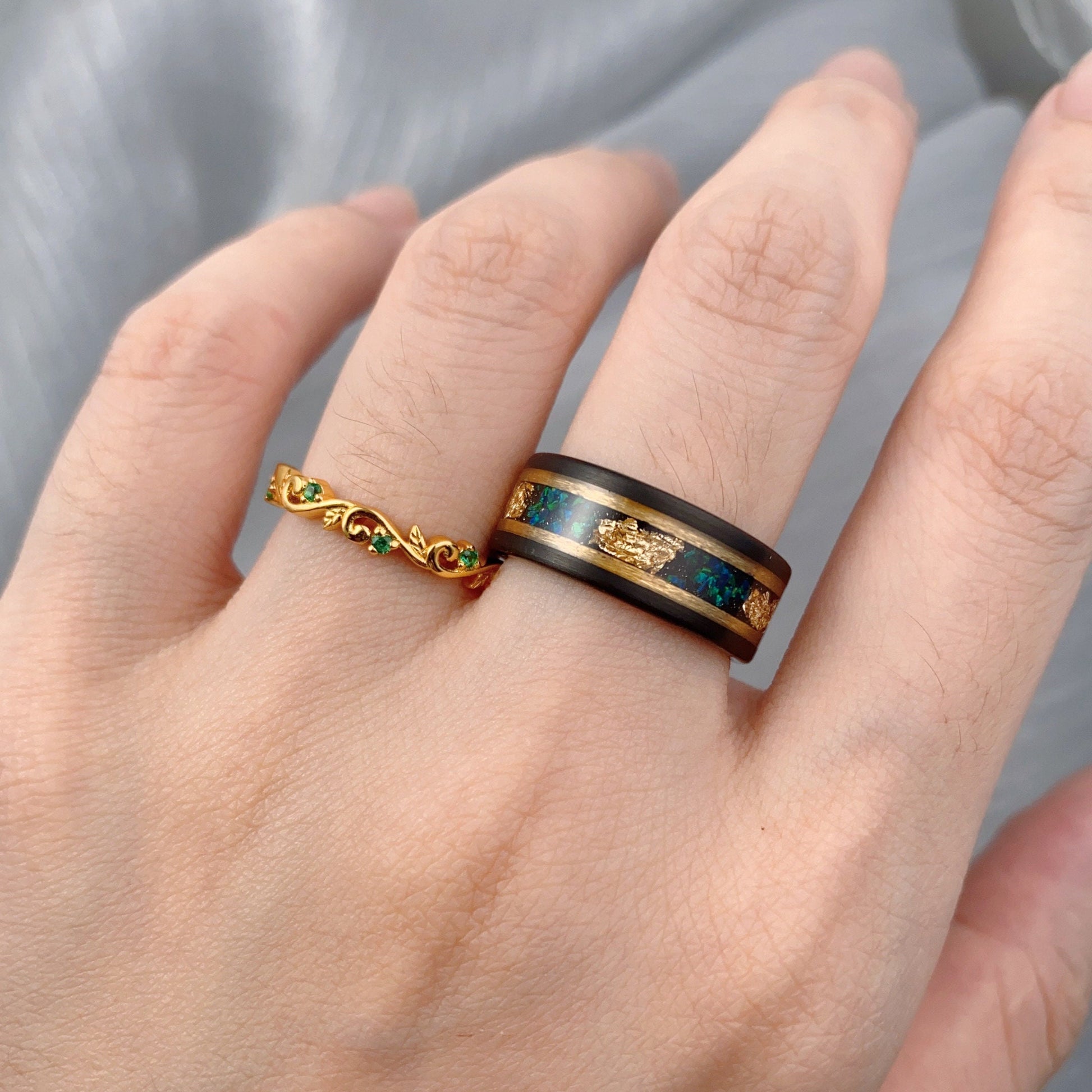 Vintage Emerald Couples Band Yellow Gold Matching Ring Set His and Hers Wedding Band Mens Green Opal Ring Anniversary Gift For Men For Women