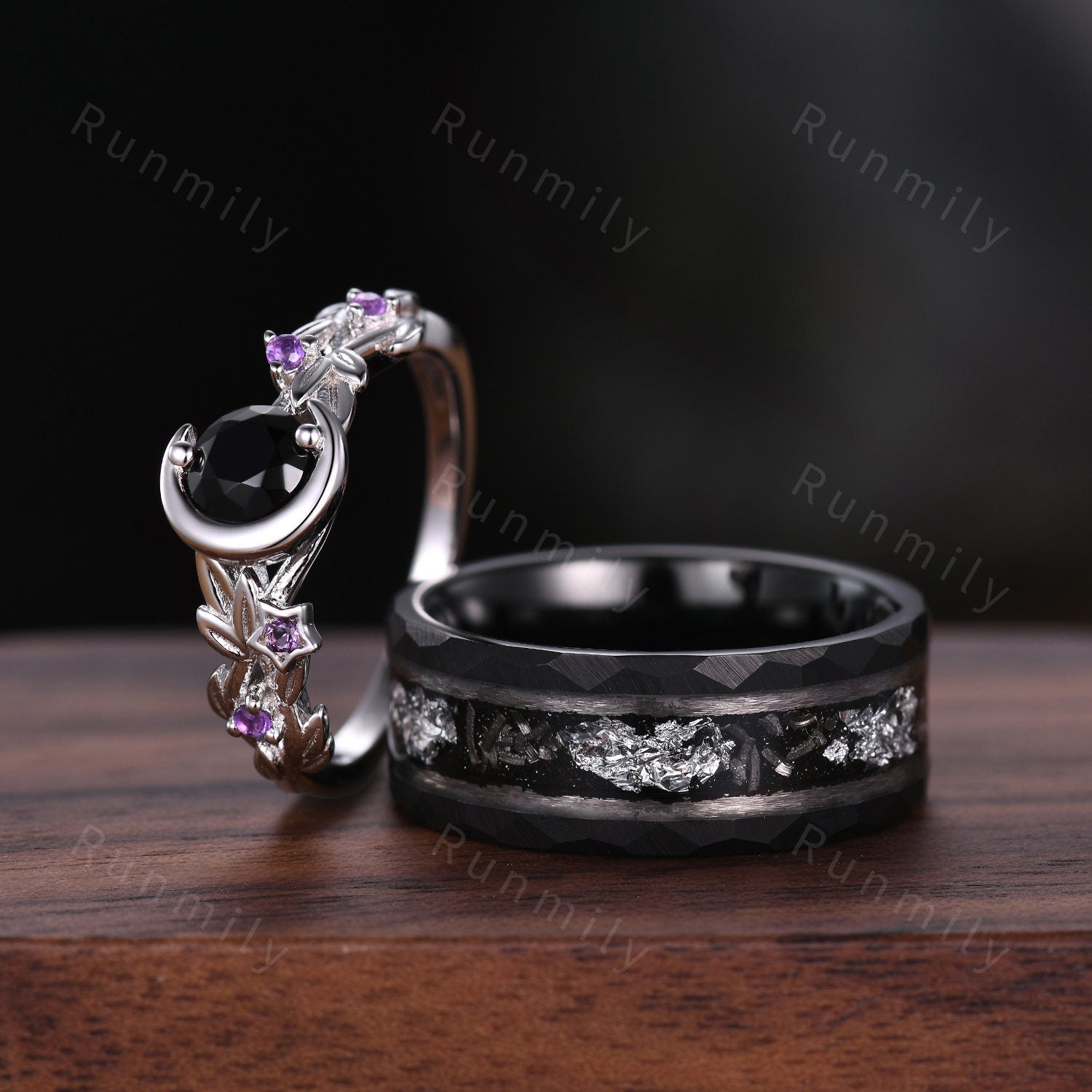Round cut Black Onyx Couples Ring Set Silver Unique Moon Engagement Ring Mens Meteorite Tungsten Ring His and Hers Wedding Band Promise Ring