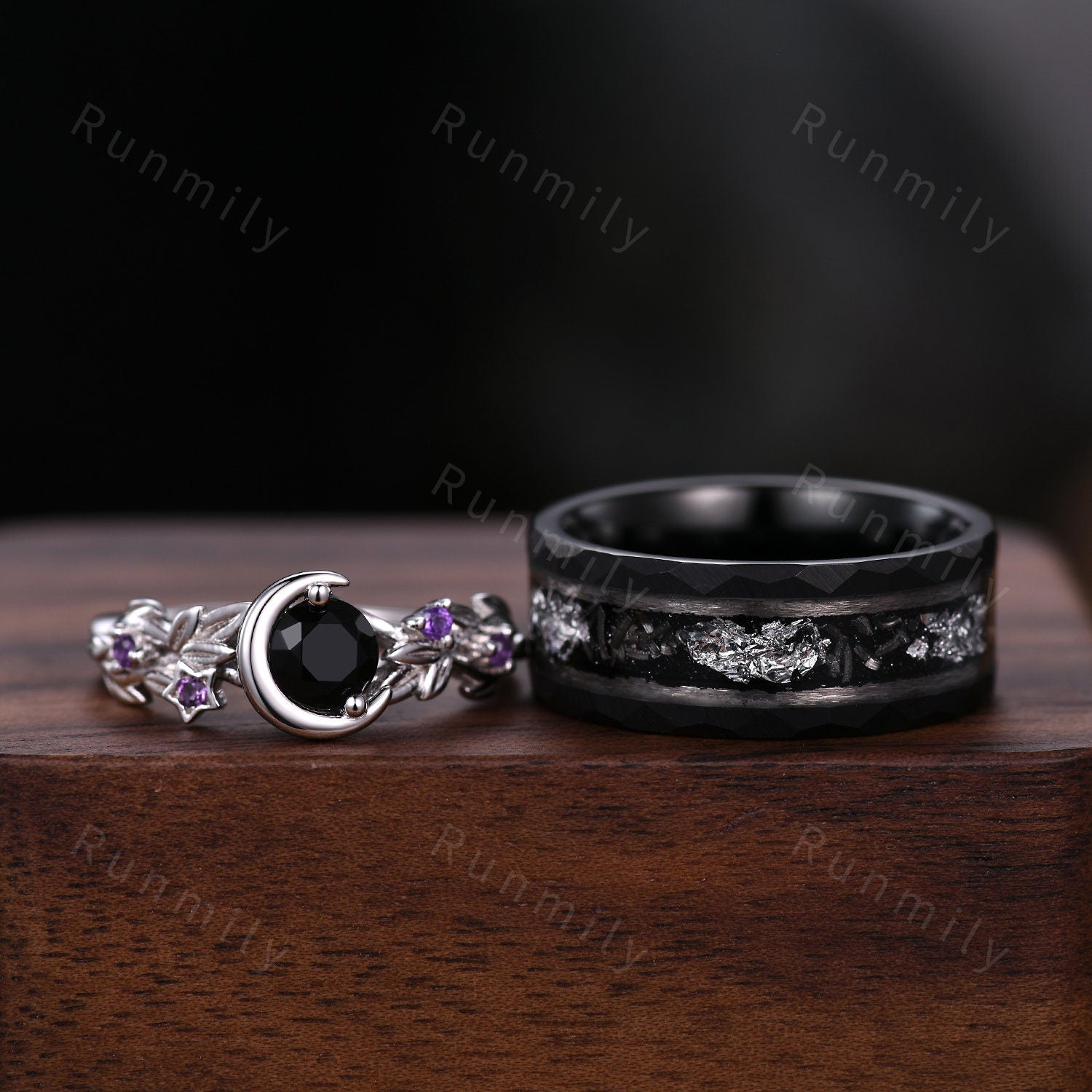 Round cut Black Onyx Couples Ring Set Silver Unique Moon Engagement Ring Mens Meteorite Tungsten Ring His and Hers Wedding Band Promise Ring