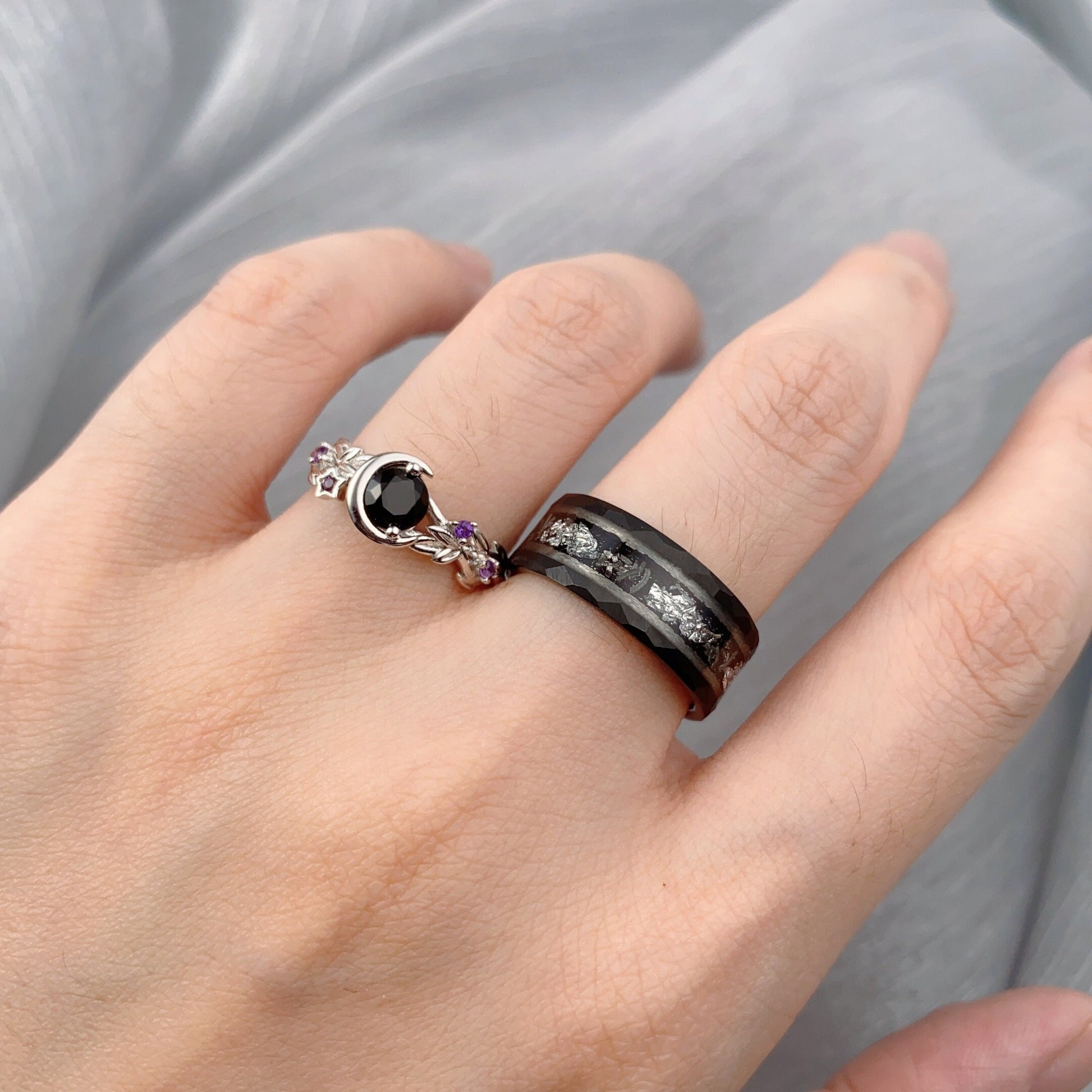 Round cut Black Onyx Couples Ring Set Silver Unique Moon Engagement Ring Mens Meteorite Tungsten Ring His and Hers Wedding Band Promise Ring