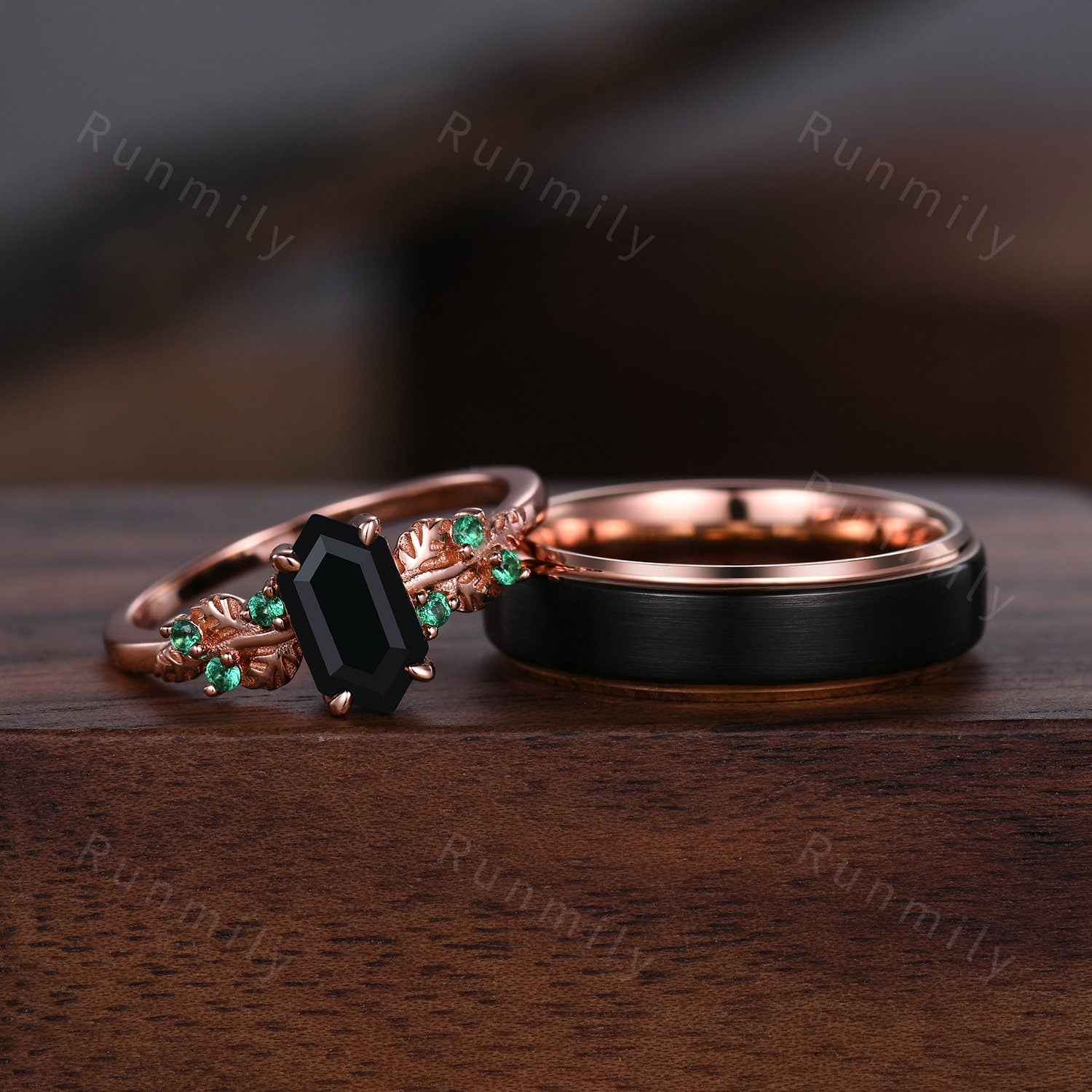 Vintage Black Onyx Emerald Couples Ring Rose Gold Wedding Ring Set His And Hers Wedding Band Mens Tungsten Ring Women Nautre Inspired Ring