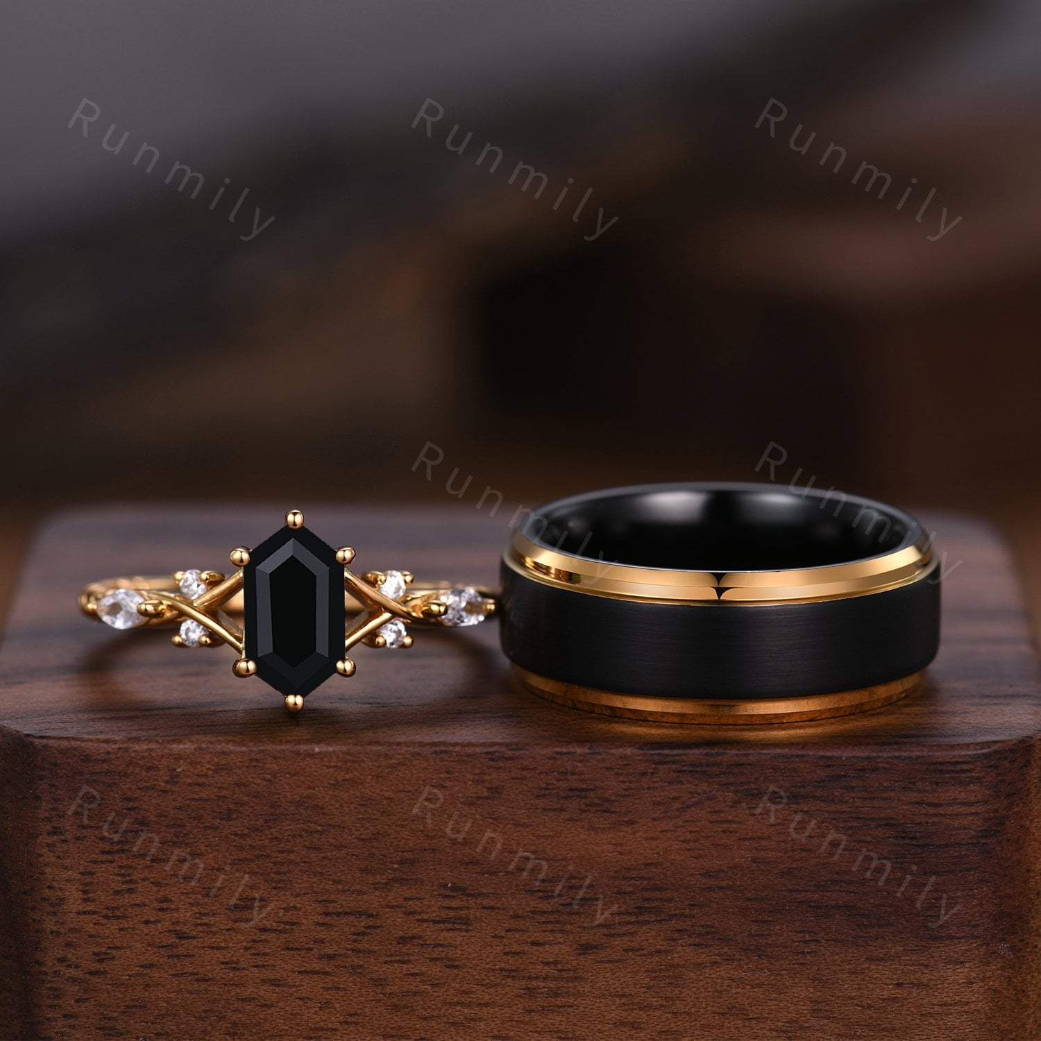 Vintage Black onyx Couples Ring Yellow Gold Matching Ring Set His and Hers Wedding Band Promise Ring For Men For Women Natural Black Gem