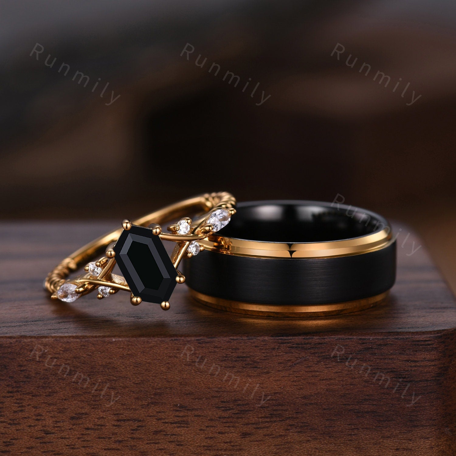 Vintage Black onyx Couples Ring Yellow Gold Matching Ring Set His and Hers Wedding Band Promise Ring For Men For Women Natural Black Gem