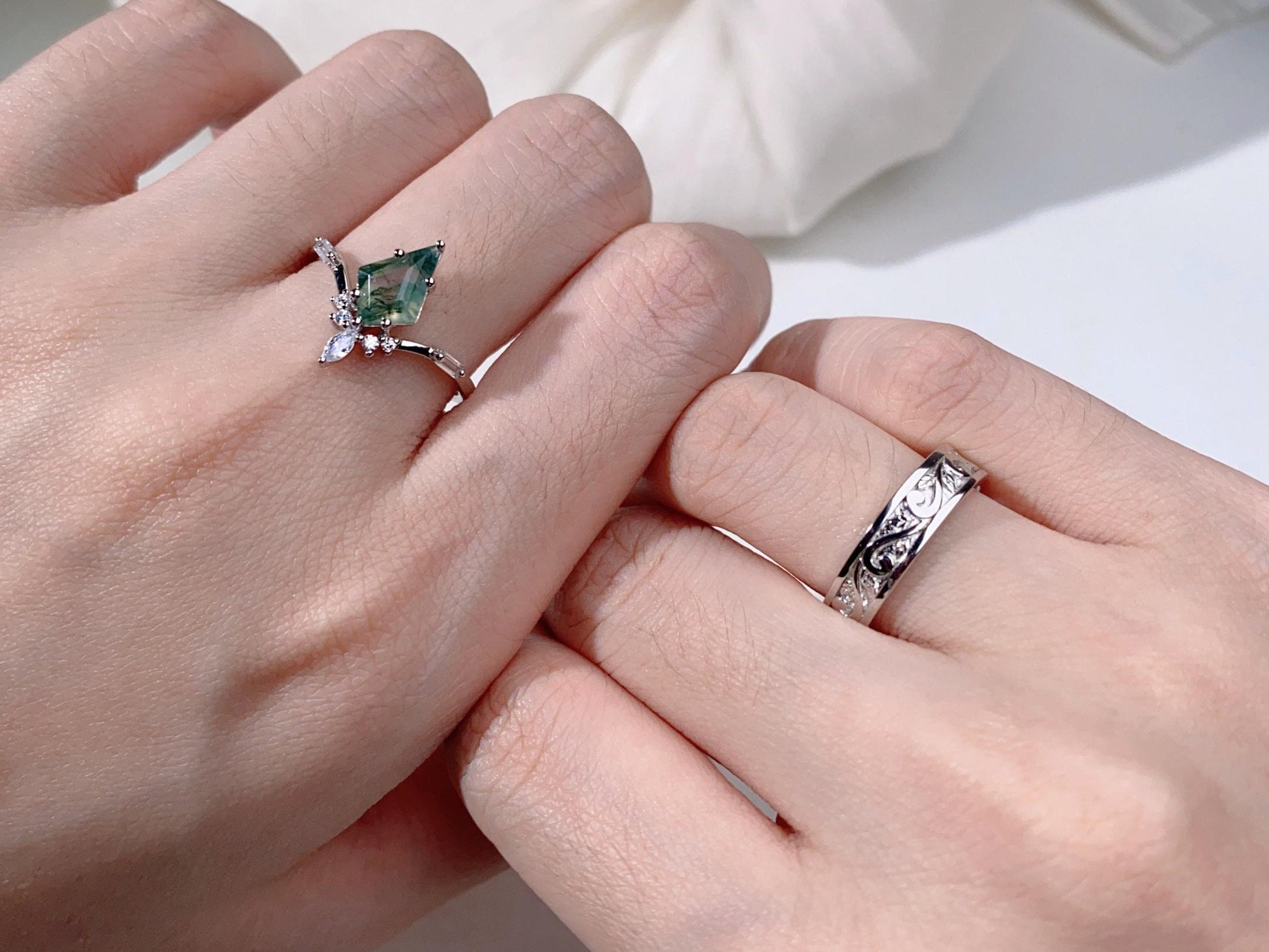 Kite cut moss agate couples ring sterling silver unique art deco wedding ring set twig leaf Mens wedding band Natural agate ring for Women