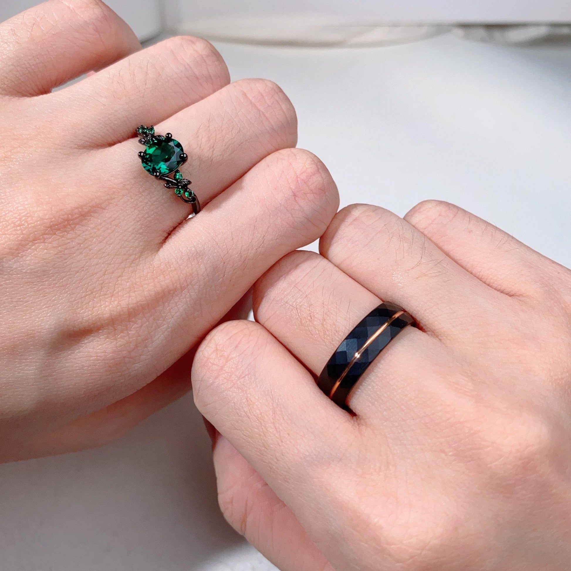 Oval cut emerald couples ring set black gold matching promise ring His and Her wedding band Mens wedding ring Emerald anniversary rings