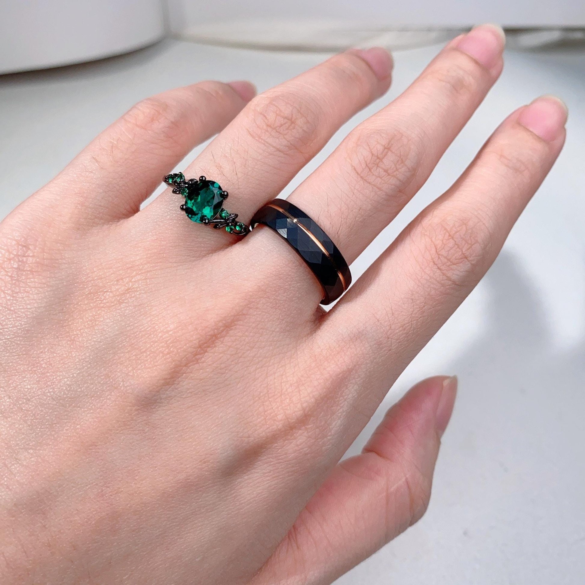 Oval cut emerald couples ring set black gold matching promise ring His and Her wedding band Mens wedding ring Emerald anniversary rings