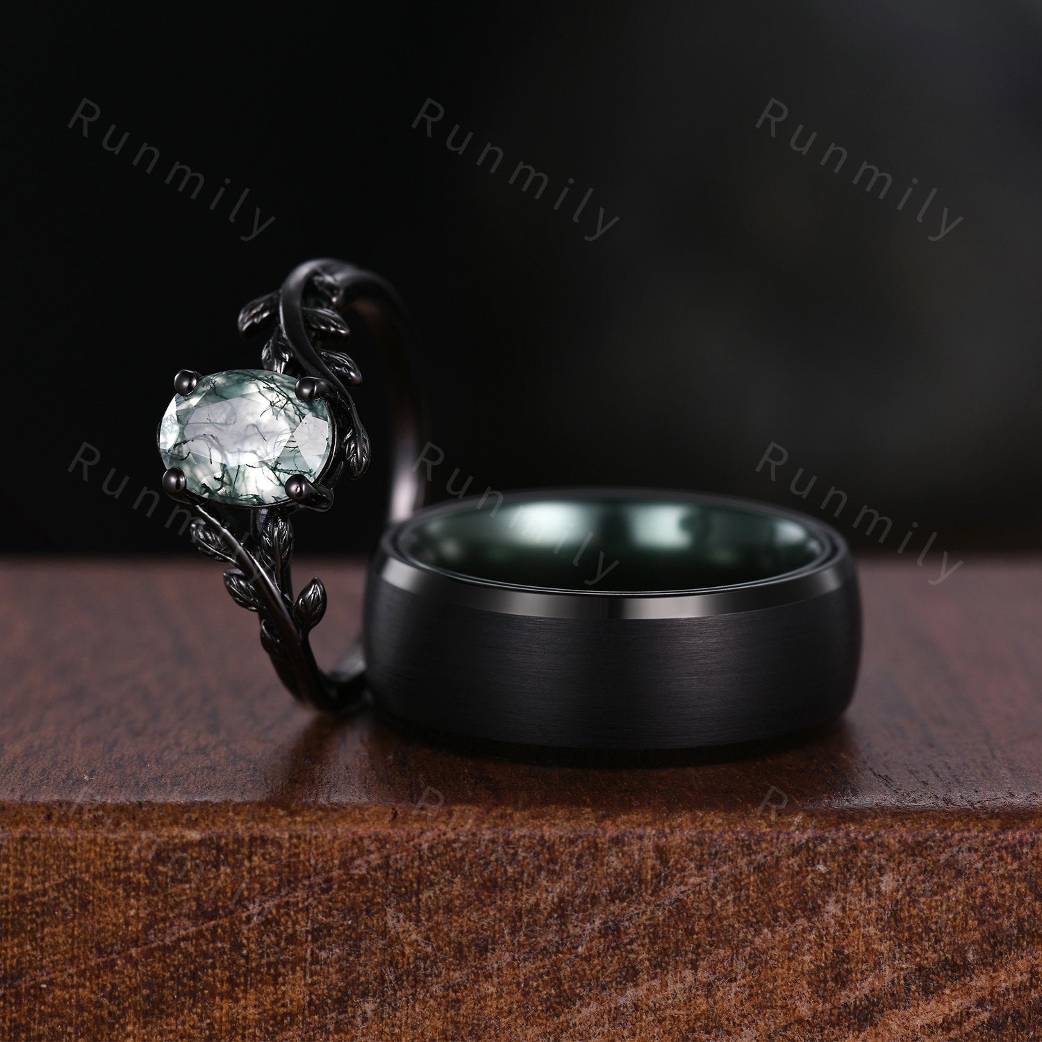 Vintage Oval Moss Agate Couples Ring Black Gold Matching Ring Set His And Hers Wedding Band Mens Green And Black Tungsten Band Natural Agate