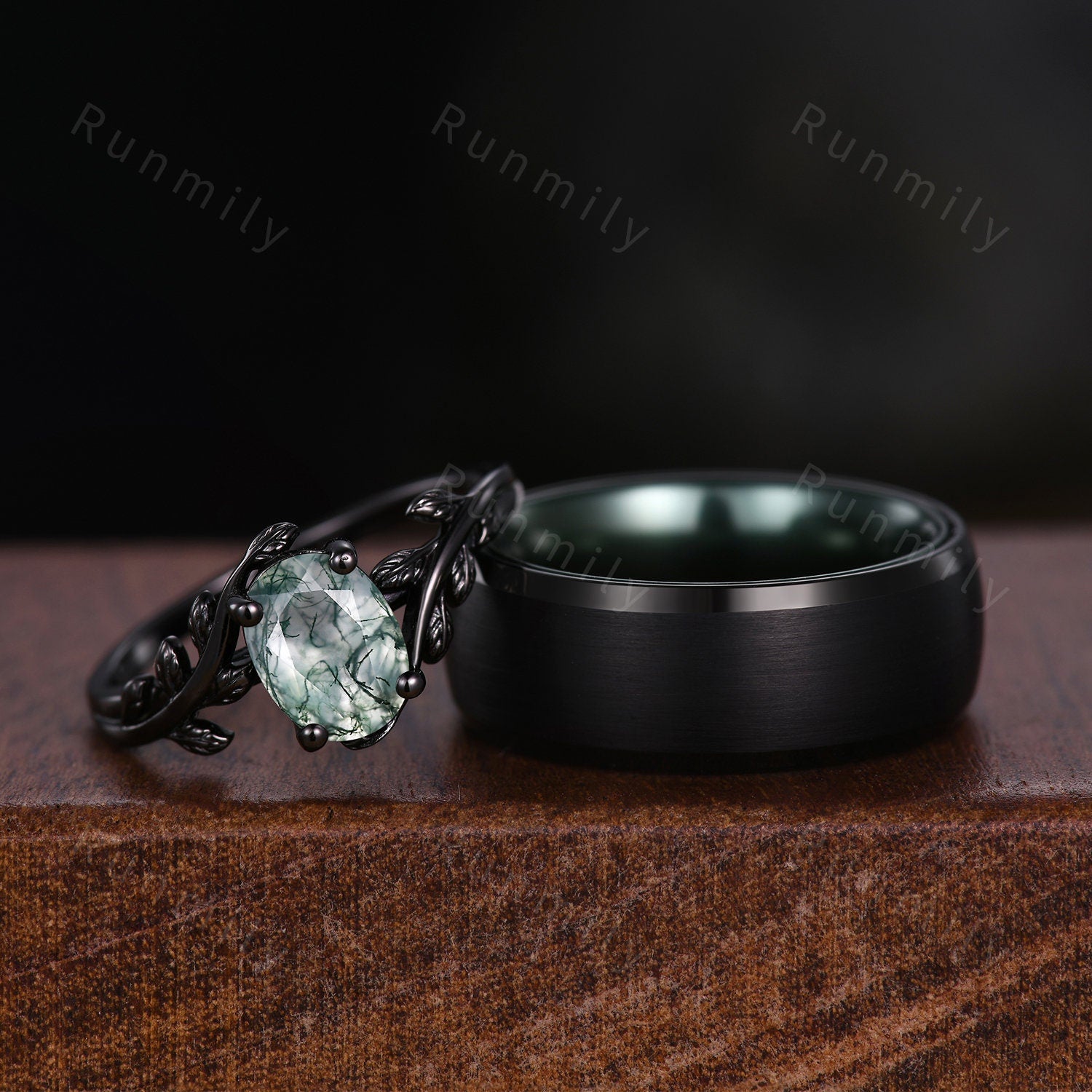 Vintage Oval Moss Agate Couples Ring Black Gold Matching Ring Set His And Hers Wedding Band Mens Green And Black Tungsten Band Natural Agate