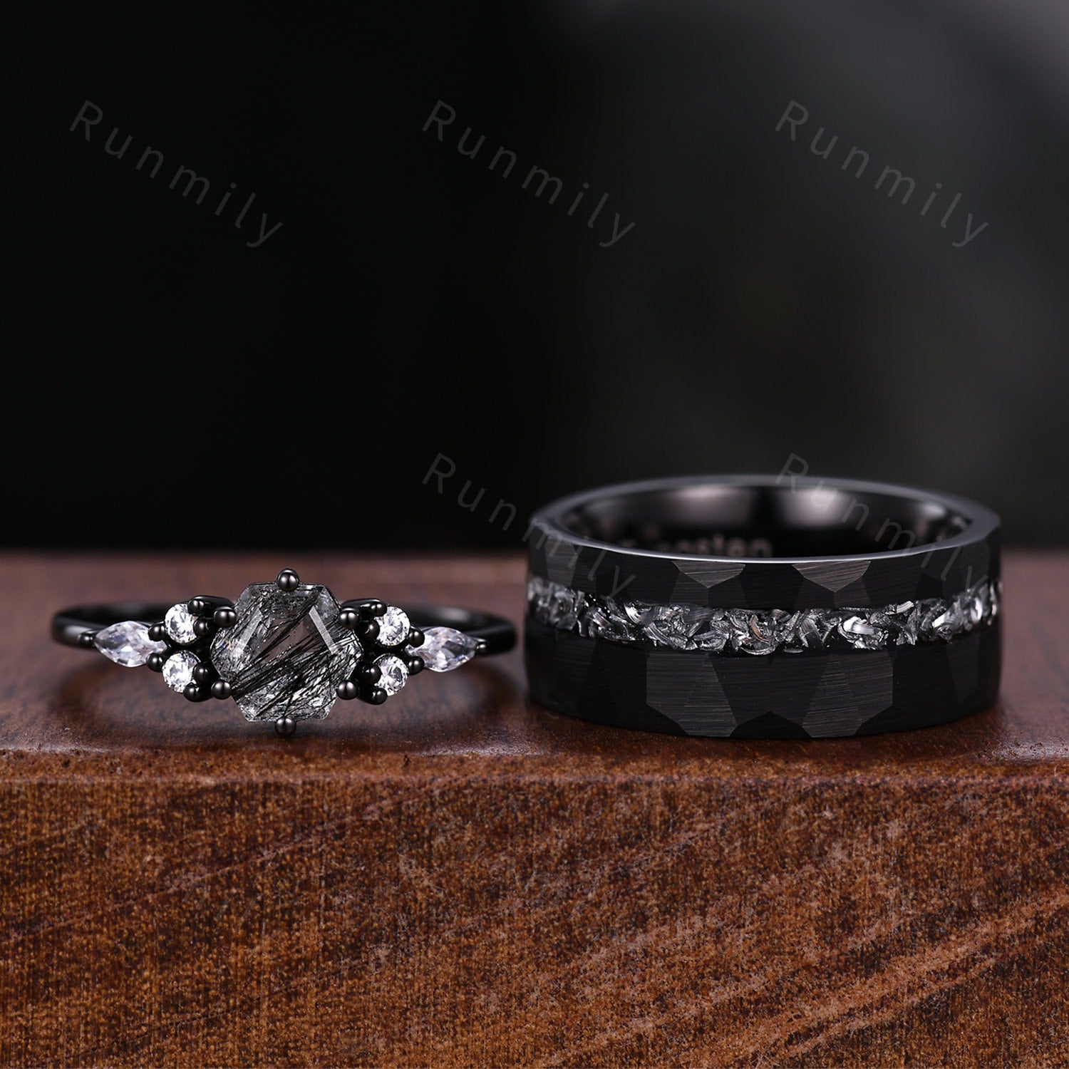 Unique Black Rutilated Quartz Couples Ring Black Gold Matching Ring Set His and Hers Wedding Band Mens Meteorite Ring Anniversary Ring Set