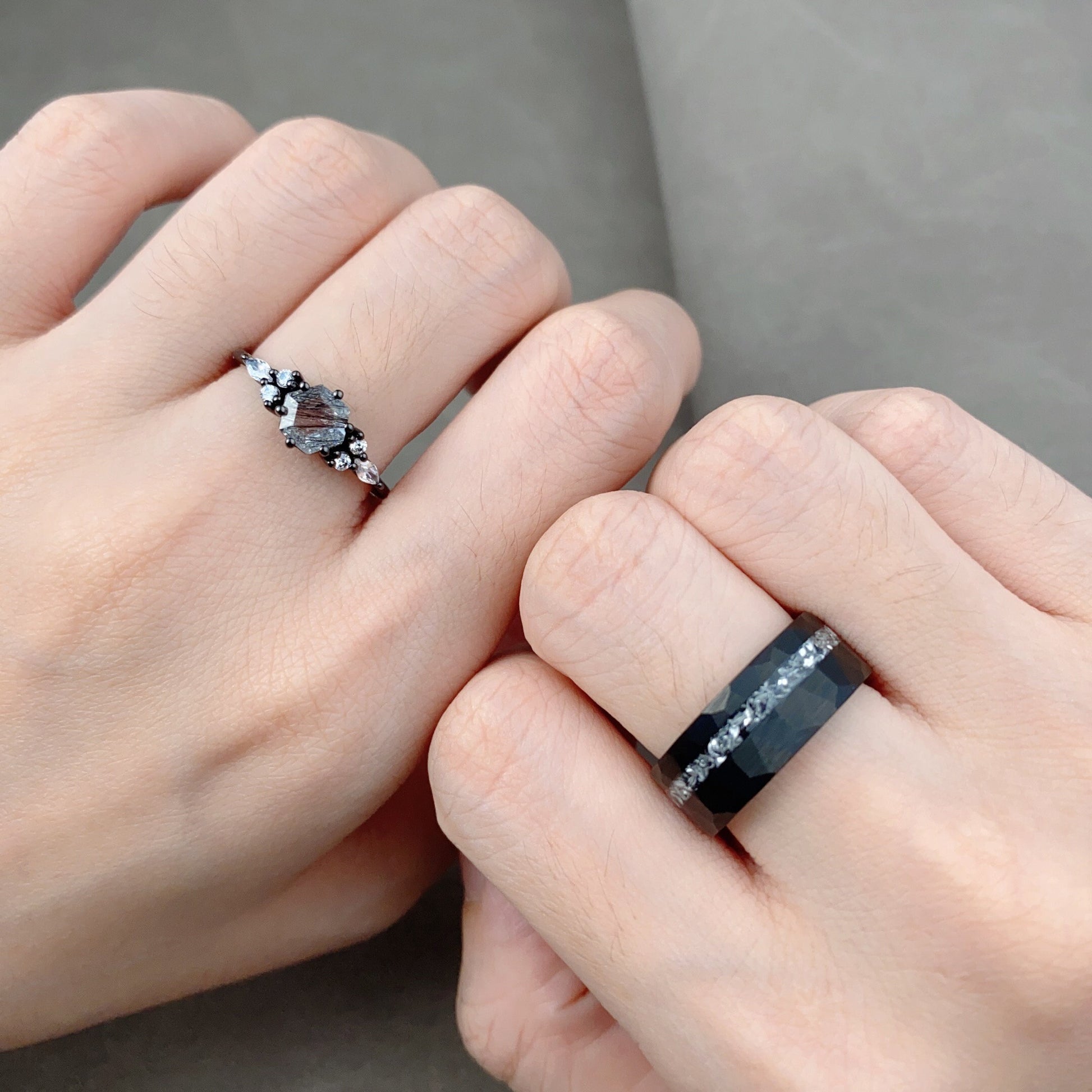 Unique Black Rutilated Quartz Couples Ring Black Gold Matching Ring Set His and Hers Wedding Band Mens Meteorite Ring Anniversary Ring Set