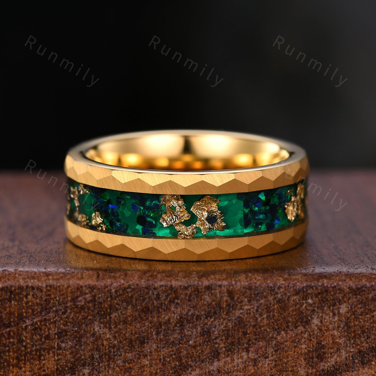 Yellow Gold Emerald Couples Band His and Hers Matching Ring Set Leaf Style Ring Mens Green Opal Ring Anniversary Gift For Men and Women