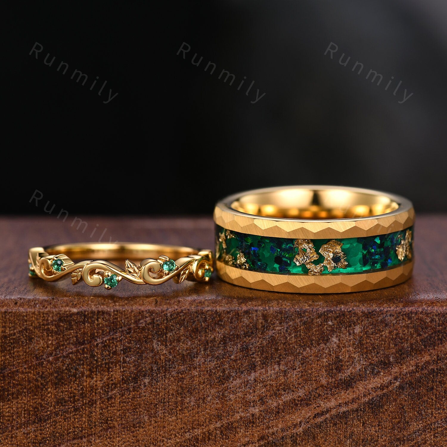 Yellow Gold Emerald Couples Band His and Hers Matching Ring Set Leaf Style Ring Mens Green Opal Ring Anniversary Gift For Men and Women