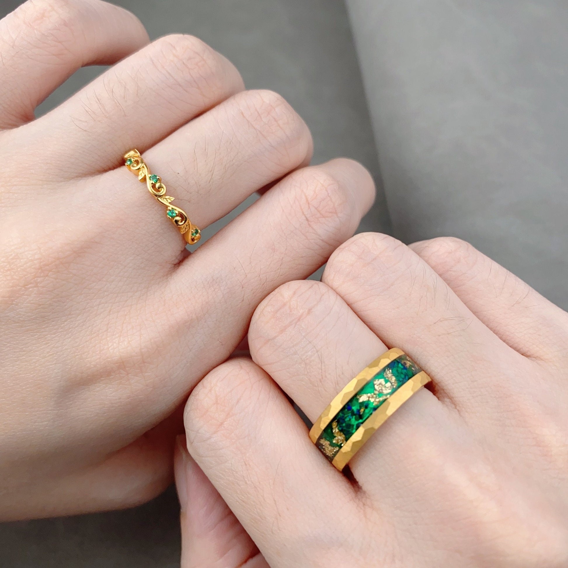 Yellow Gold Emerald Couples Band His and Hers Matching Ring Set Leaf Style Ring Mens Green Opal Ring Anniversary Gift For Men and Women