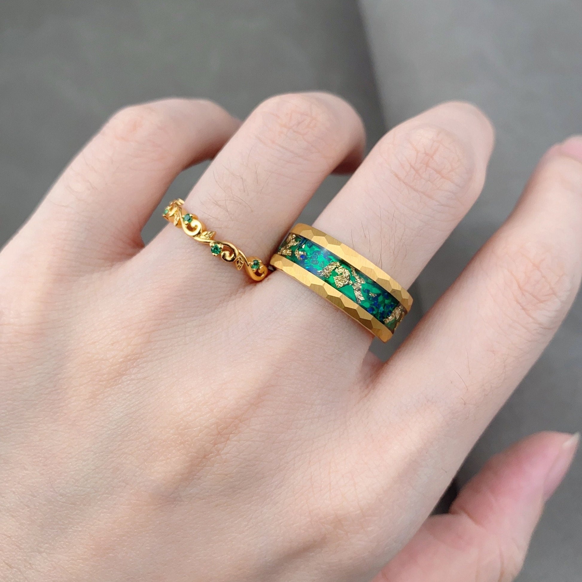 Yellow Gold Emerald Couples Band His and Hers Matching Ring Set Leaf Style Ring Mens Green Opal Ring Anniversary Gift For Men and Women