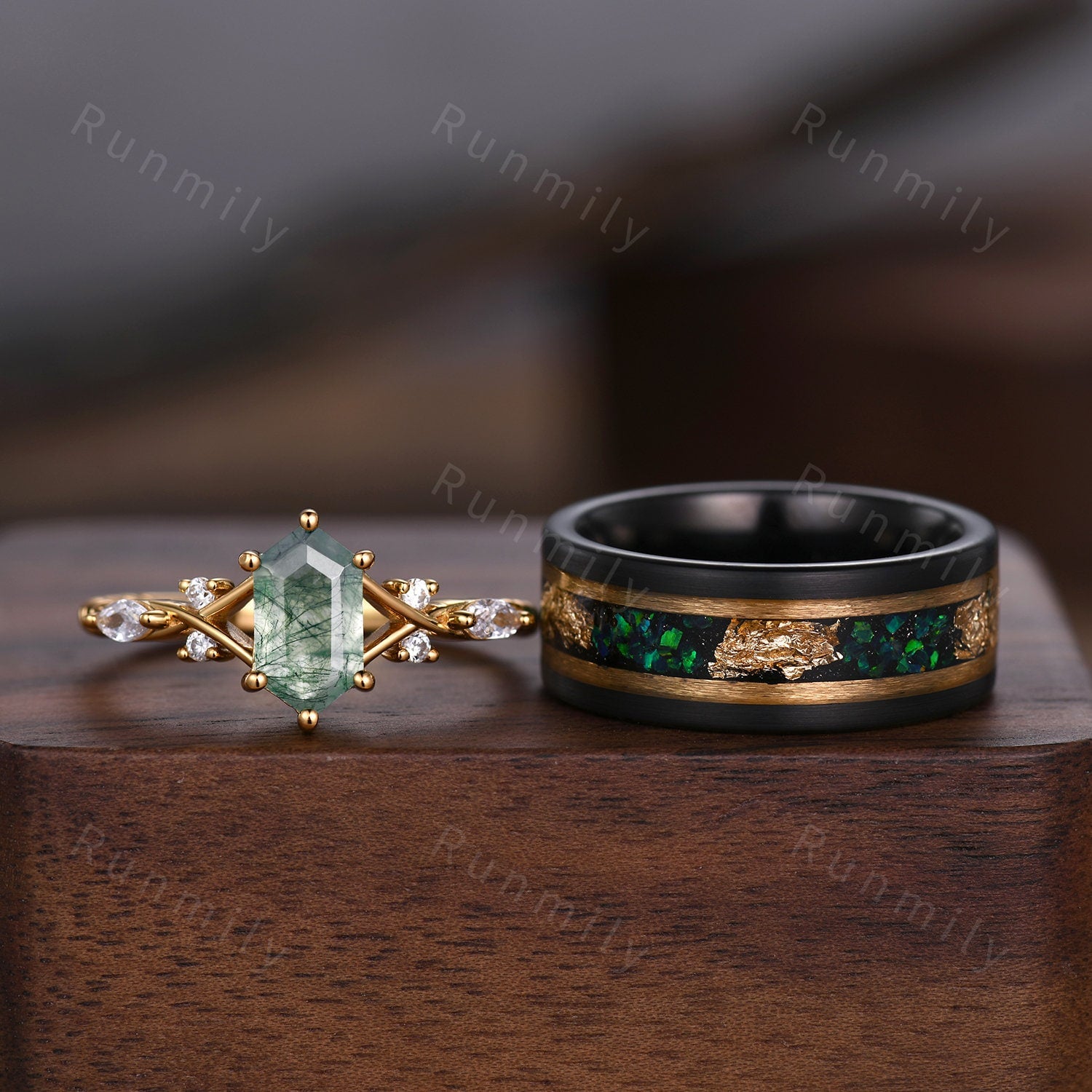 Vintage Emerald Couples Ring Yellow Gold Matching Ring Set His and Hers Wedding Band Mens Fire Opal Ring Promise Ring For Men For Women