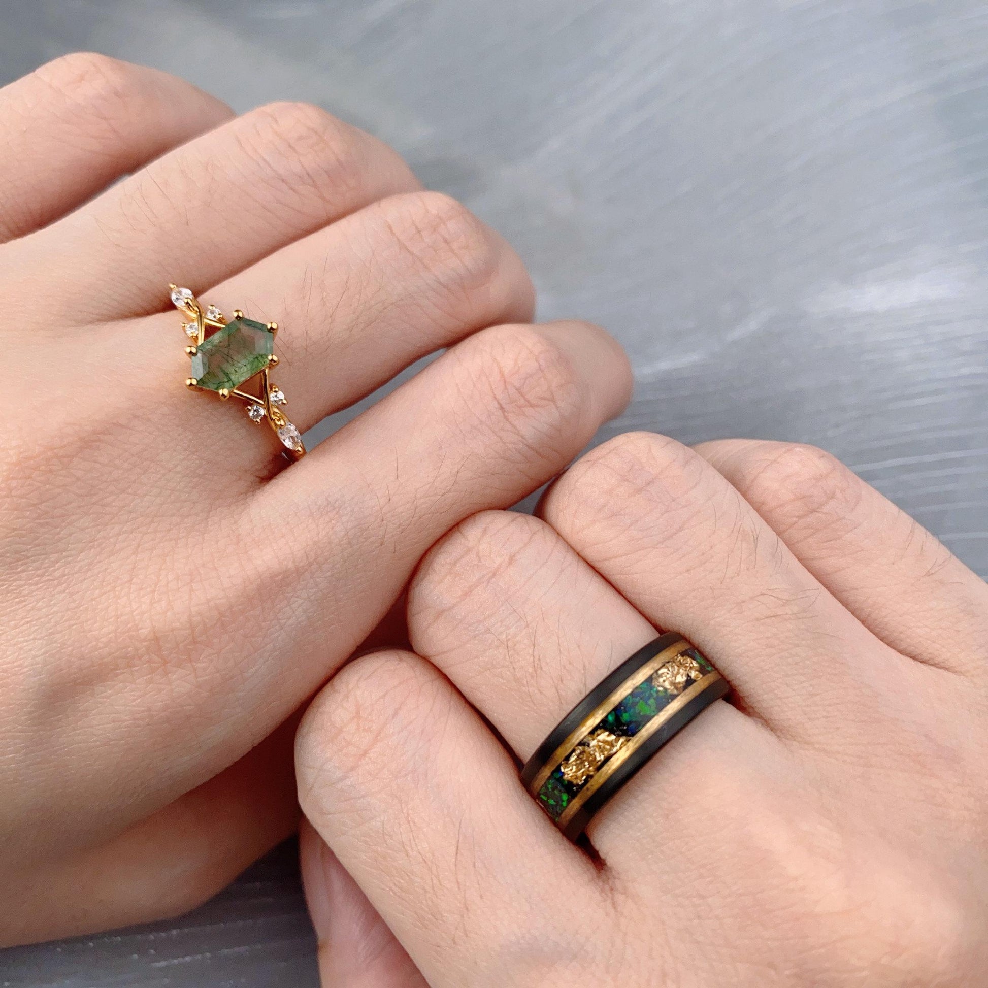 Vintage Emerald Couples Ring Yellow Gold Matching Ring Set His and Hers Wedding Band Mens Fire Opal Ring Promise Ring For Men For Women
