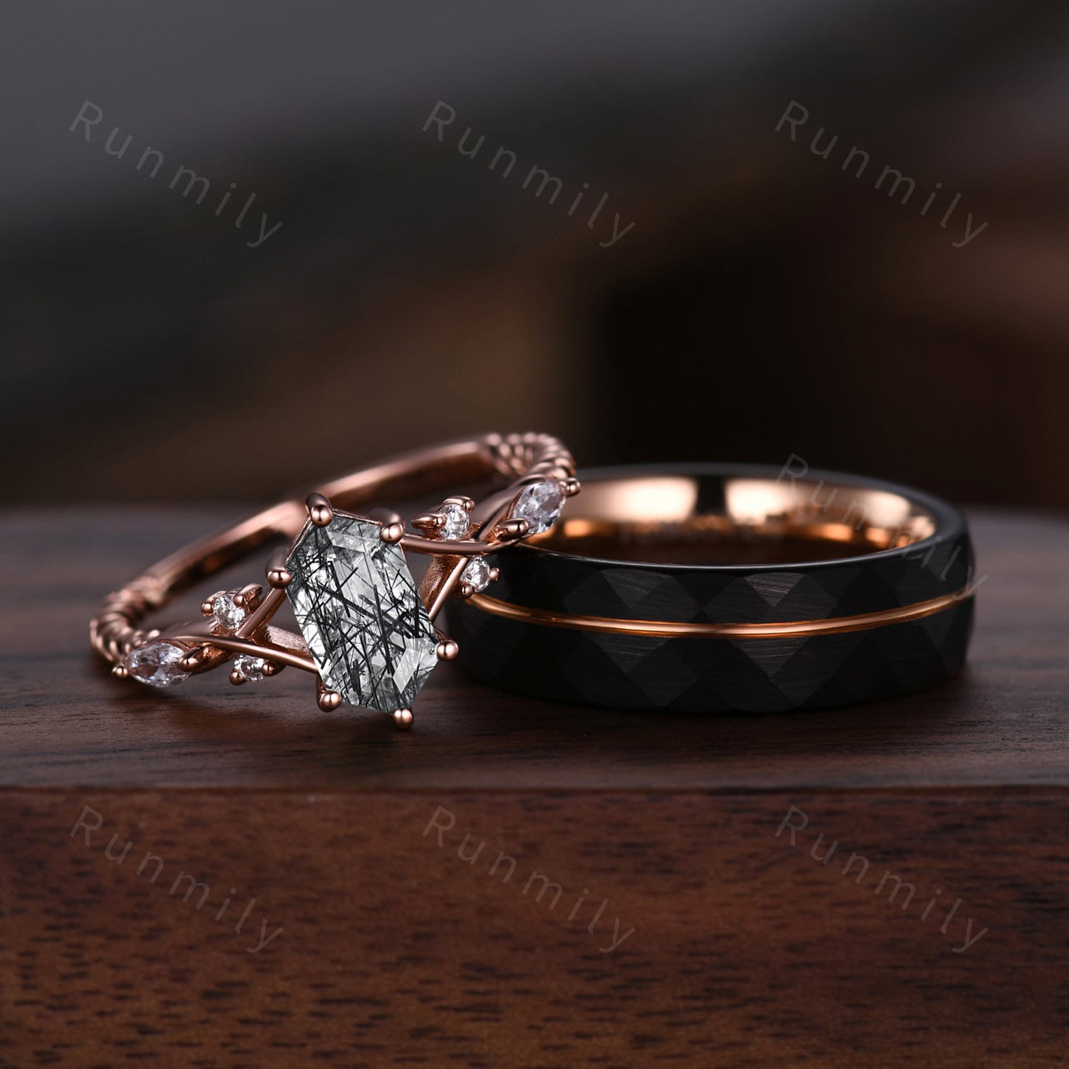 Vintage Black Rutilated Quartz Couples Ring Rose Gold Matching Ring Set His and Hers Wedding Band Promise Ring For Men For Women Black Stone