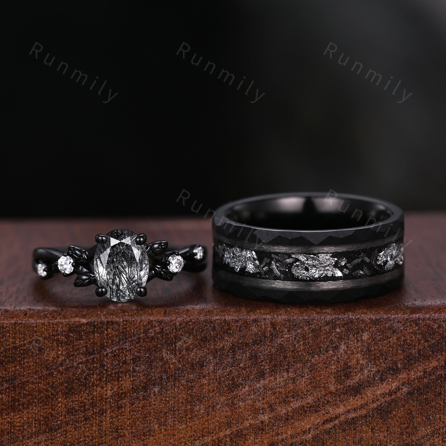 Oval cut Black Rutilated Quartz Couples Ring Set Vintage Black Gold Ring Mens Meteorite Tungsten Ring His and Hers Wedding Band Promise Ring