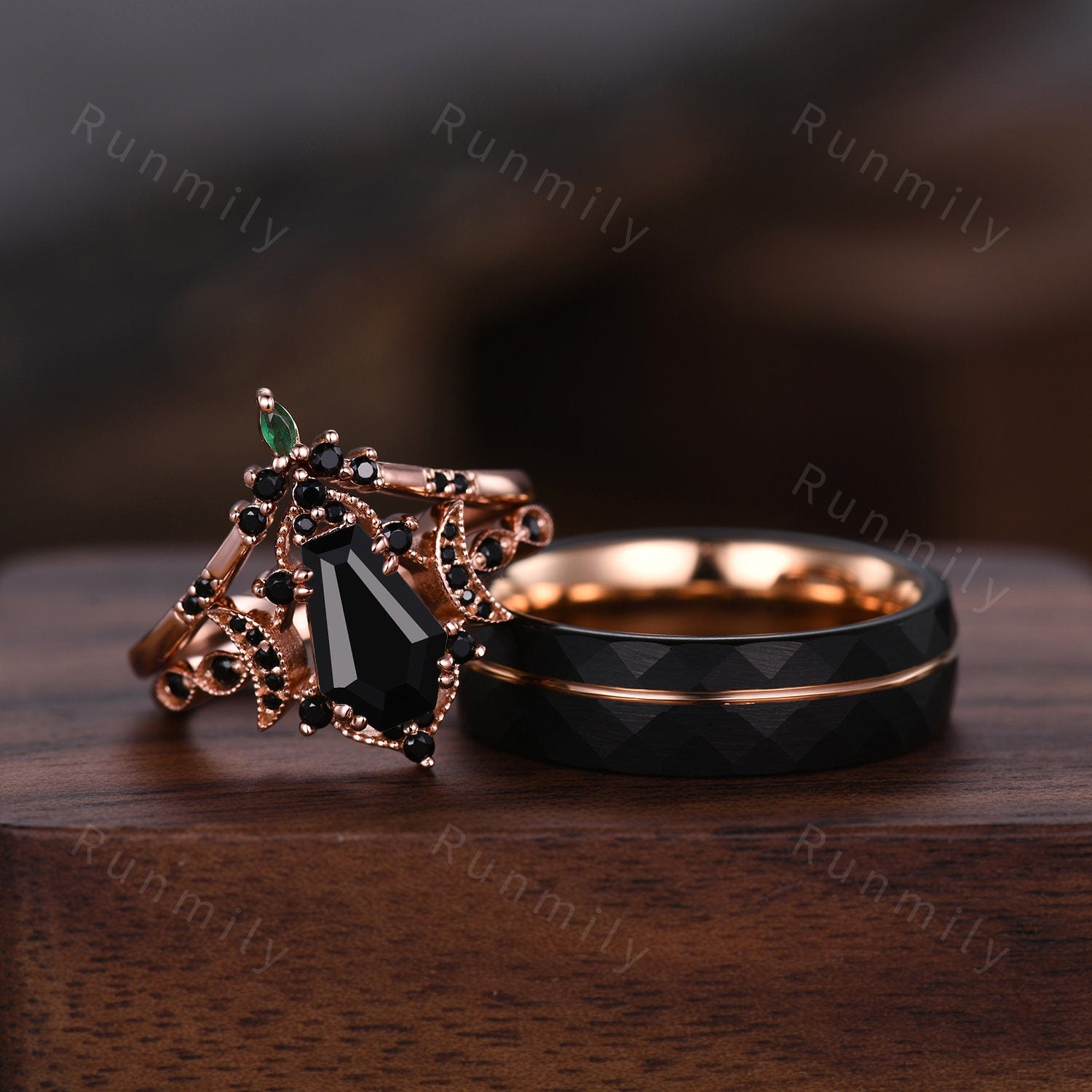 Vintage Coffin cut Black Onyx Couples Ring Rose Gold Matching Ring Set His and Hers Wedding Band Promise Ring For Men For Women Black Ring