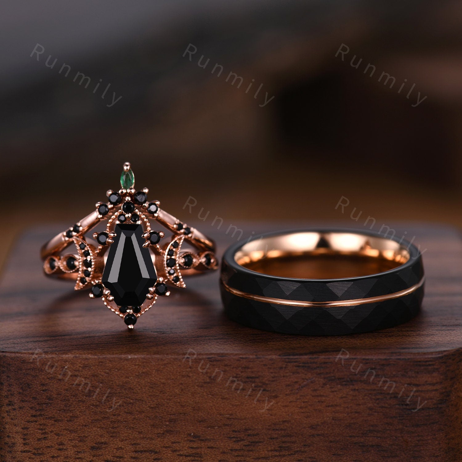 Vintage Coffin cut Black Onyx Couples Ring Rose Gold Matching Ring Set His and Hers Wedding Band Promise Ring For Men For Women Black Ring