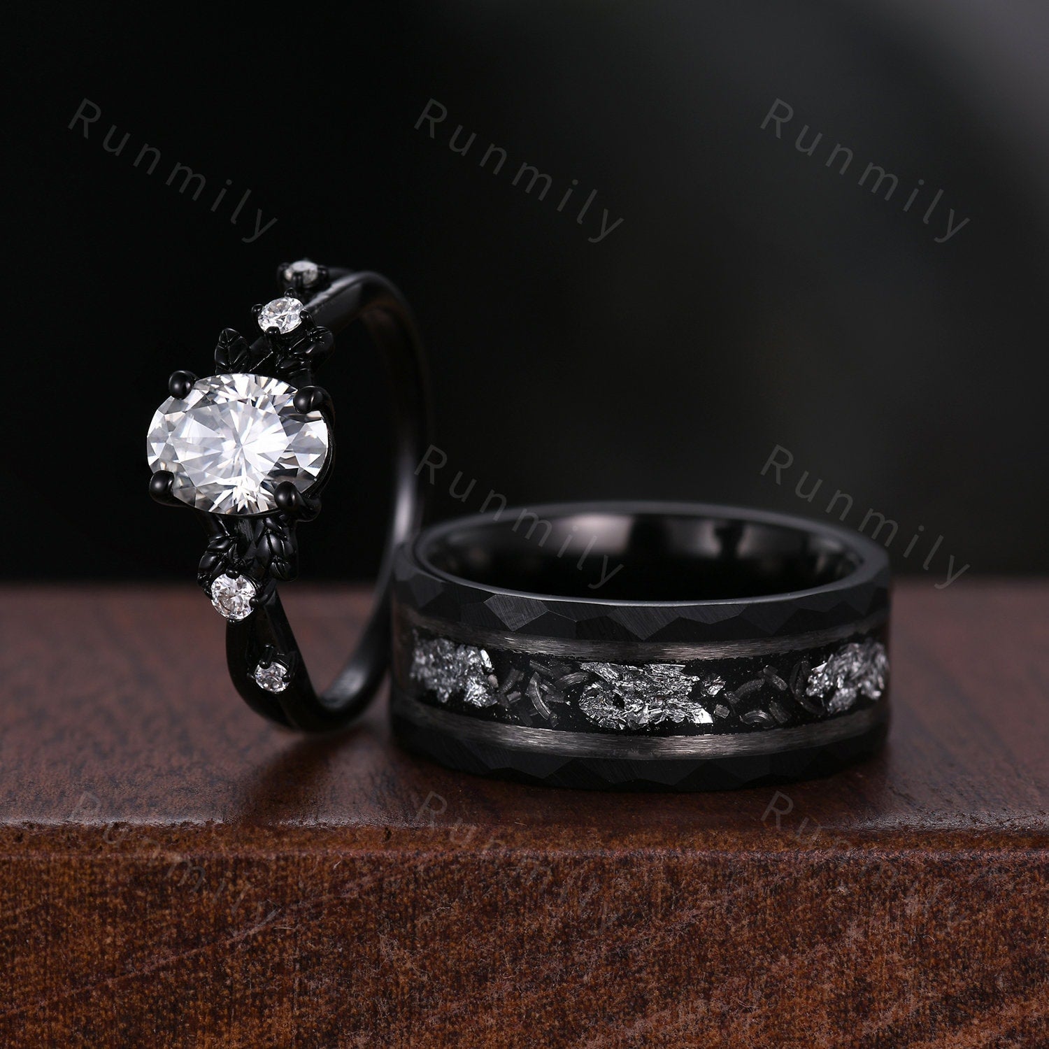 Vintage Oval Moissanite Couple Ring Set Gothic Black Gold Rings Mens Meteorite Tungsten Ring His and Hers Wedding Band Couples Promise Ring