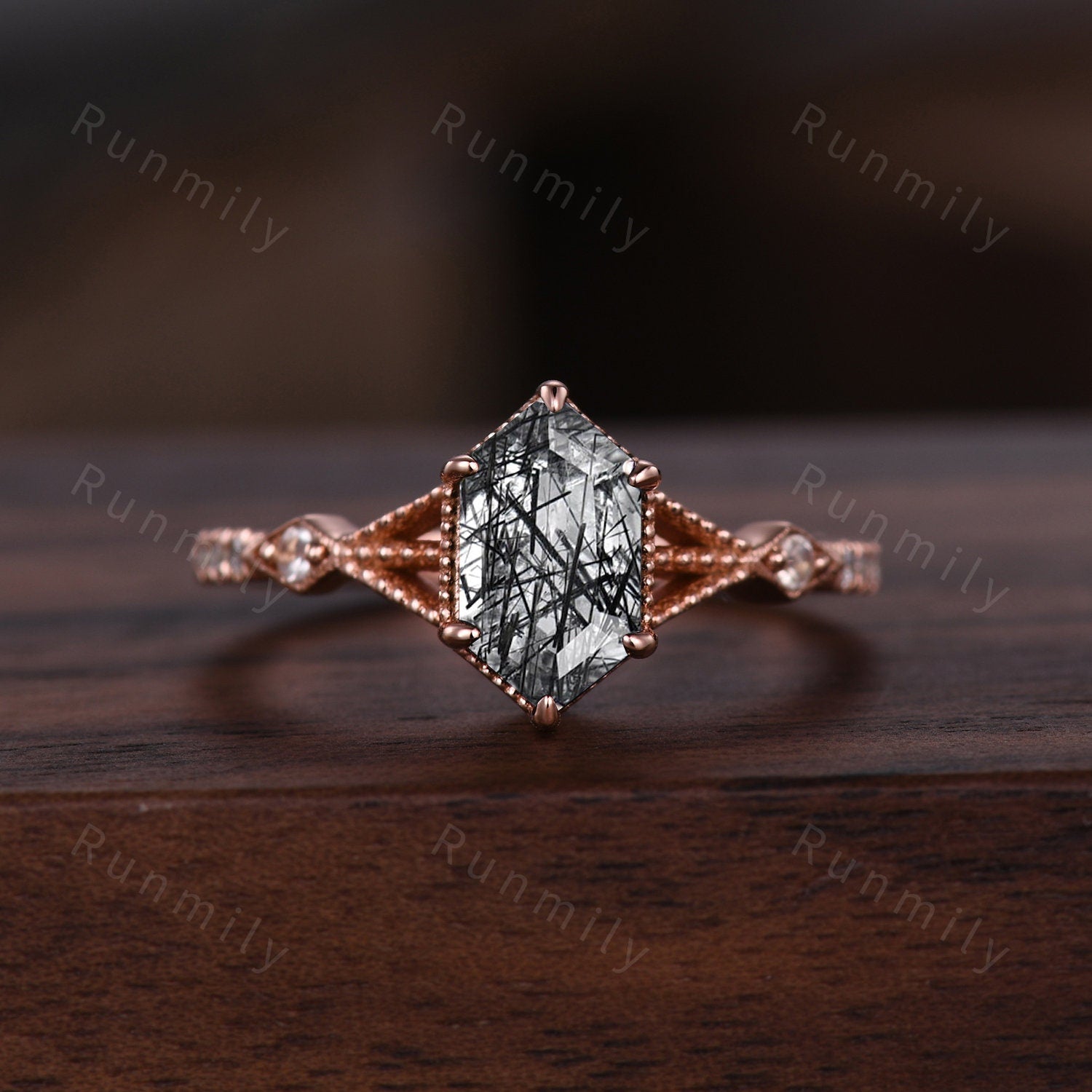 Black Rutilated Quartz Couples Ring Set Vintage Double Curved Diamond Band Rose Gold His and Her Wedding Band Promise Ring For Men and Women