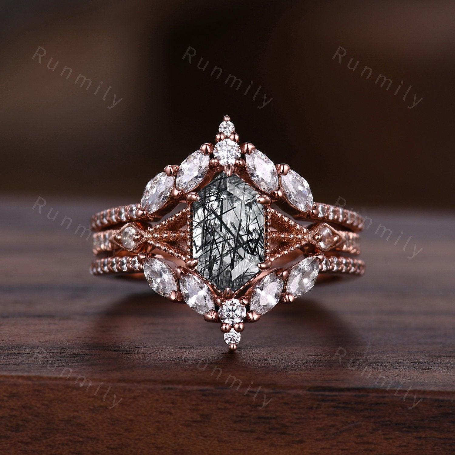 Black Rutilated Quartz Couples Ring Set Vintage Double Curved Diamond Band Rose Gold His and Her Wedding Band Promise Ring For Men and Women