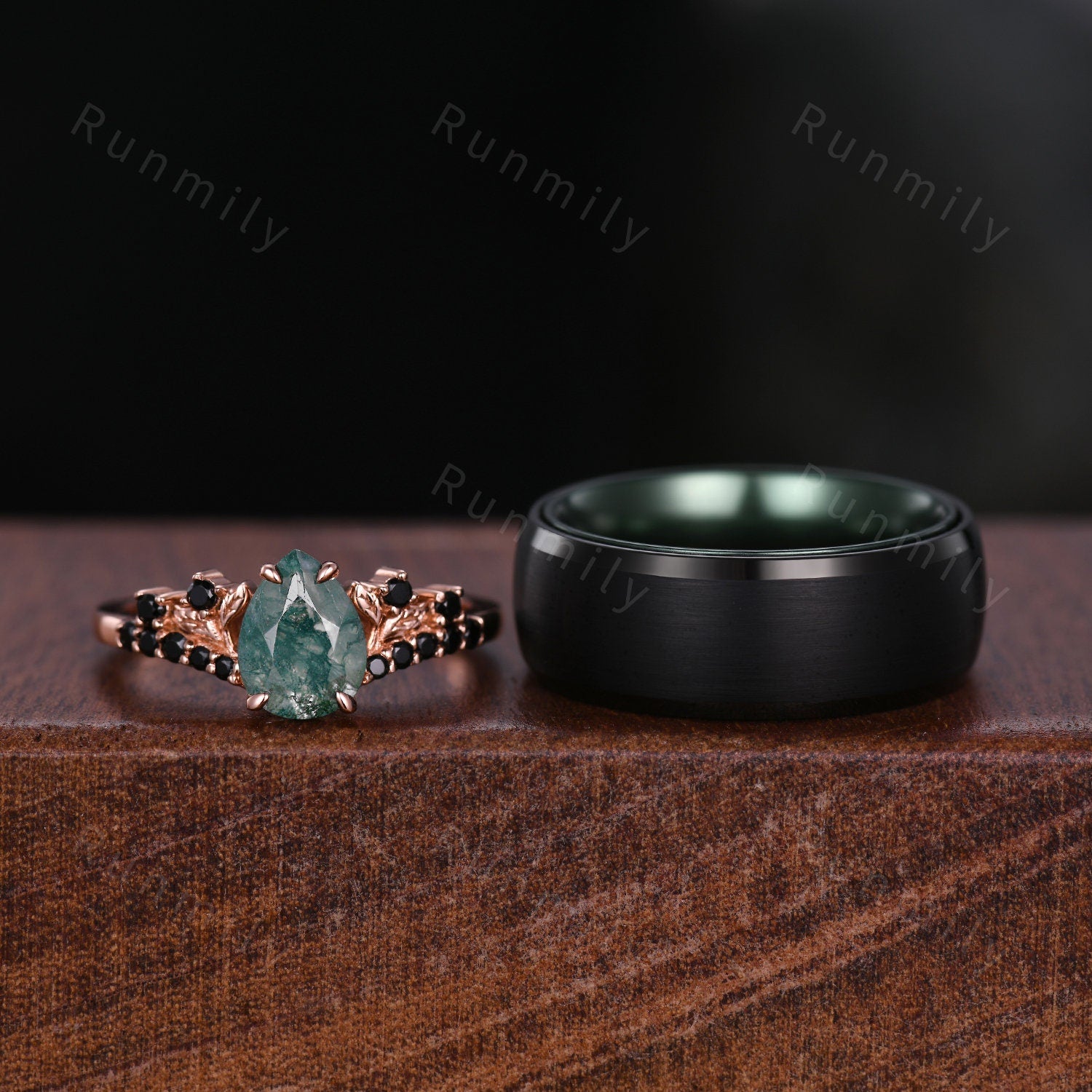 Vintage Natural Moss Agate Couples Ring Unique Matching Ring Set His And Hers Wedding Band Mens 8mm Tungsten Band Green And Black Rings