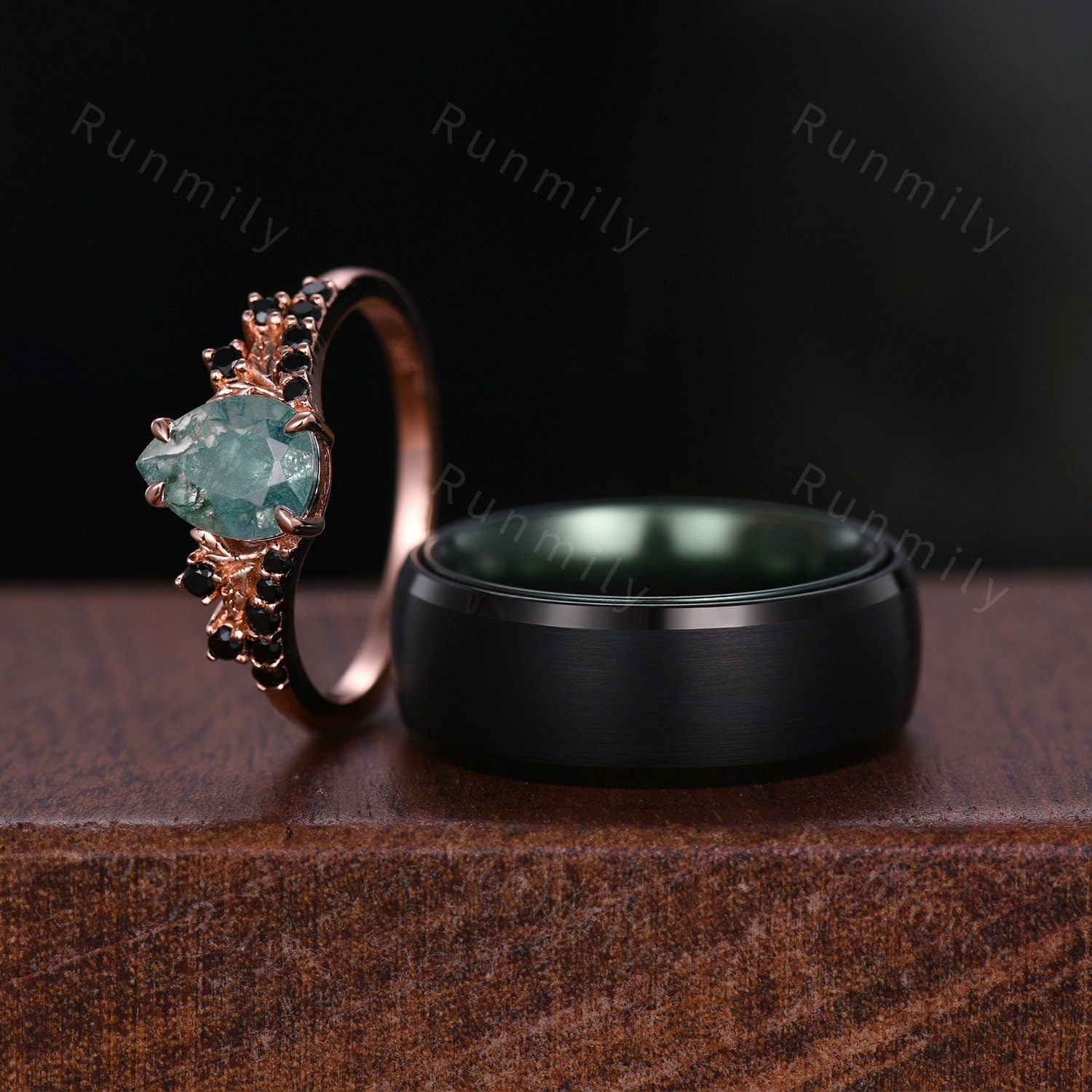 Vintage Natural Moss Agate Couples Ring Unique Matching Ring Set His And Hers Wedding Band Mens 8mm Tungsten Band Green And Black Rings