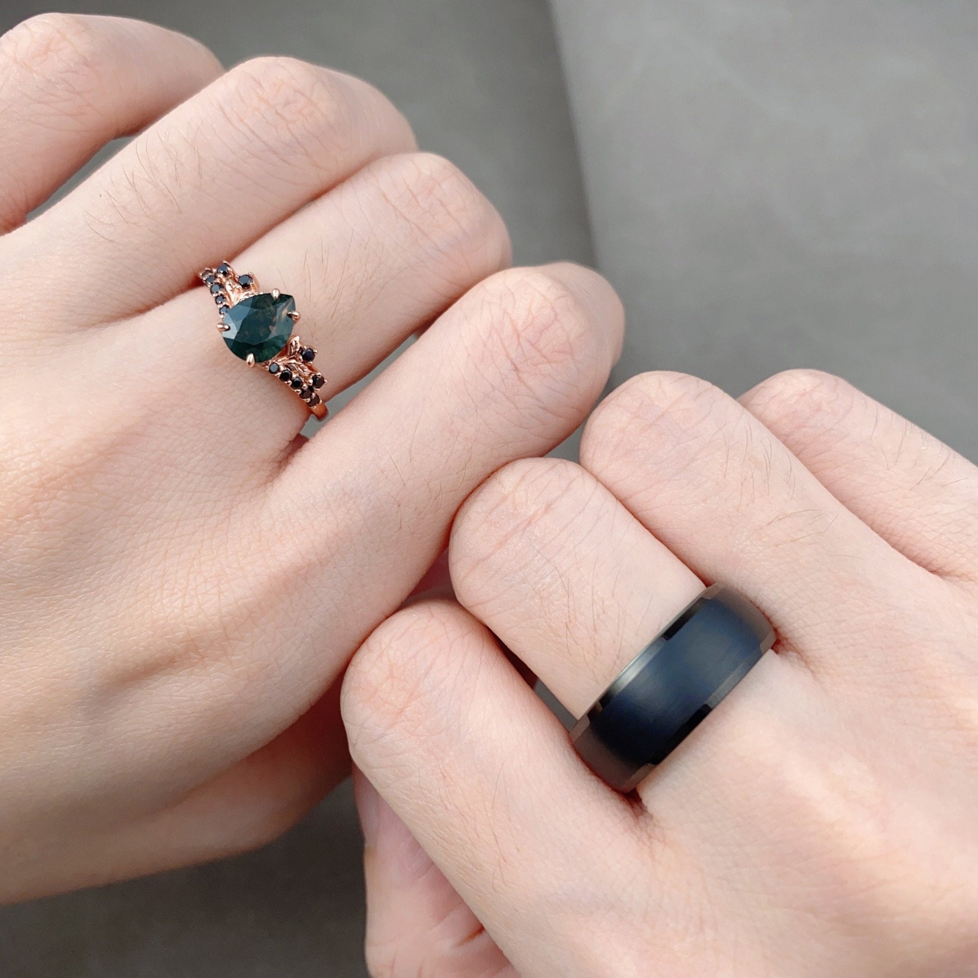 Vintage Natural Moss Agate Couples Ring Unique Matching Ring Set His And Hers Wedding Band Mens 8mm Tungsten Band Green And Black Rings