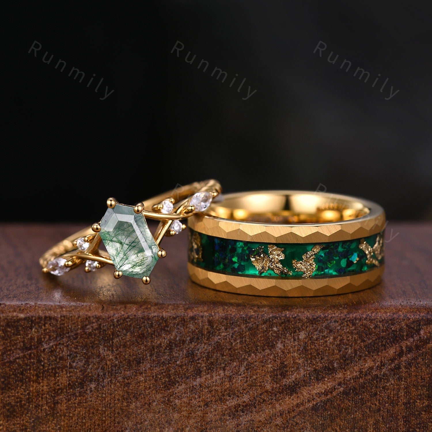 Green Moss Agate Couples Ring Yellow Gold His and Hers Matching Ring Set Mens Green Opal Ring Anniversary Gift For Men and Women Retro Ring