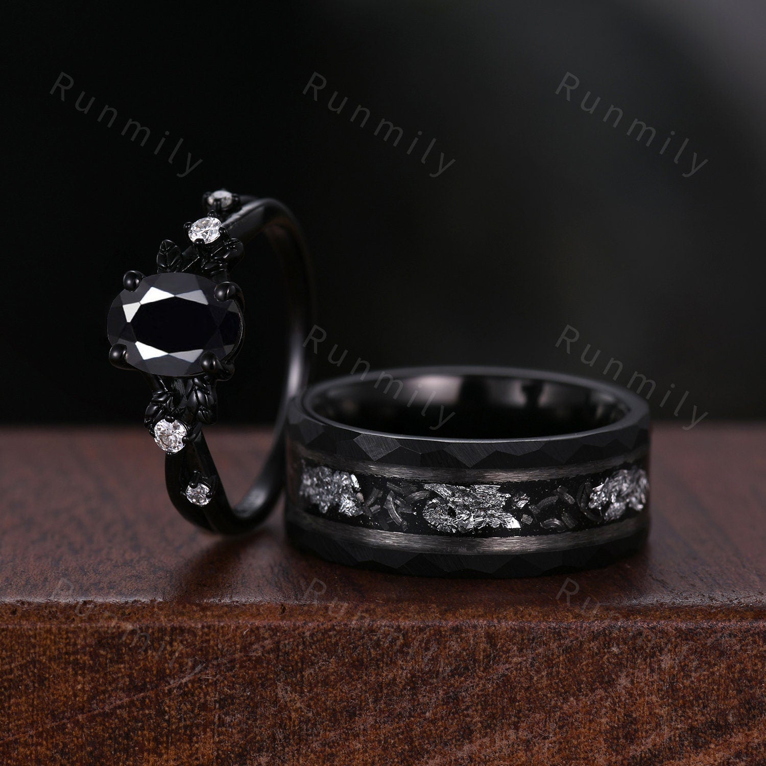 Oval Cut Black Onyx Couples Ring Set Vintage Black Gold Ring Mens Meteorite Tungsten Ring His And Hers Wedding Band Leaf Style Promise Ring