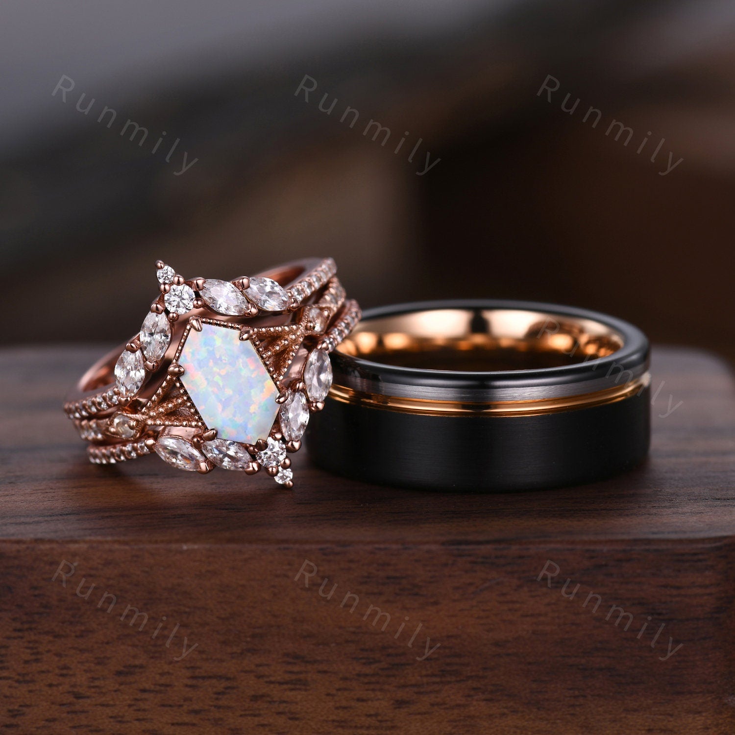 Antique Rose Quartz Couples Ring Set Vintage Double Curved Diamond Band Rose Gold His and Her Wedding Band Promise Ring For Men and Women