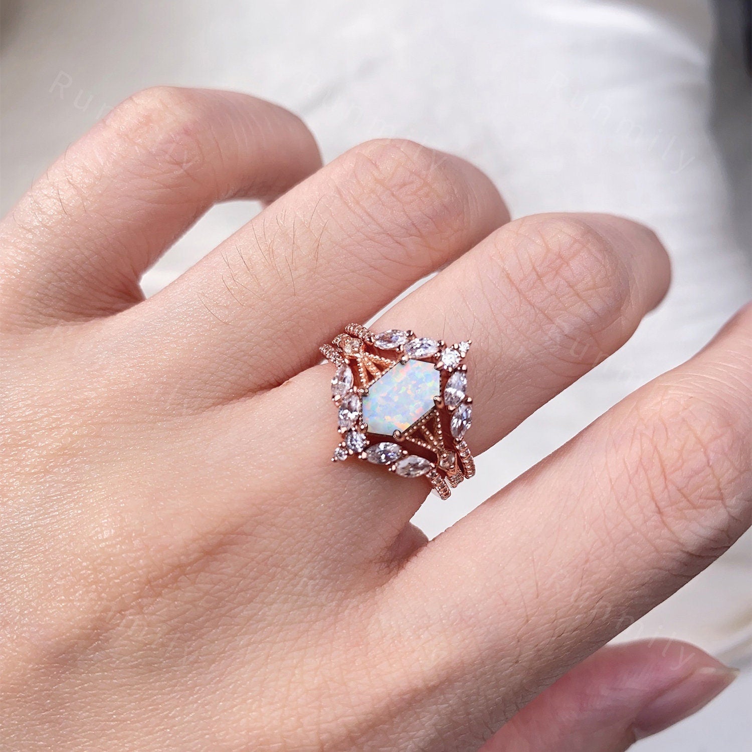 Antique Rose Quartz Couples Ring Set Vintage Double Curved Diamond Band Rose Gold His and Her Wedding Band Promise Ring For Men and Women